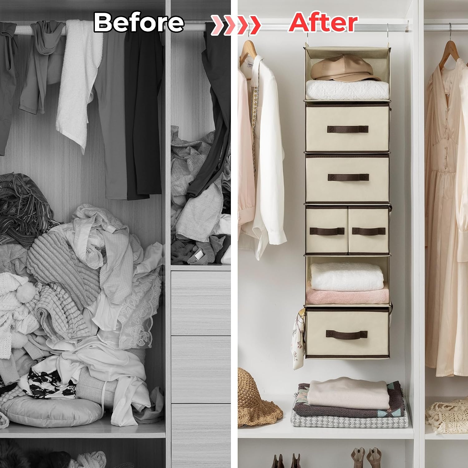 image:imageGRANNY SAYS Hanging Closet Organizer 6 Shelves Closet Organizers and Storage with 5 Drawers 6 Side Pockets Closet Hanging Organizer Hanging Storage Organizer for Closet Baby Clothes Gray6 Tier5 Drawersbeige
