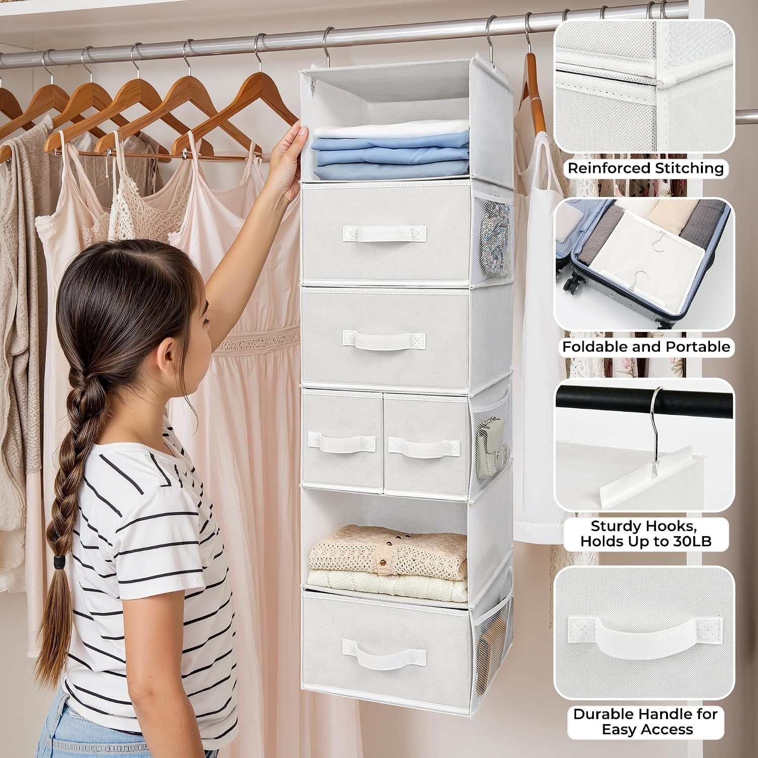 image:imageGRANNY SAYS Hanging Closet Organizer 6 Shelves Closet Organizers and Storage with 5 Drawers 6 Side Pockets Closet Hanging Organizer Hanging Storage Organizer for Closet Baby Clothes Gray6 Tier5 Drawerswhite