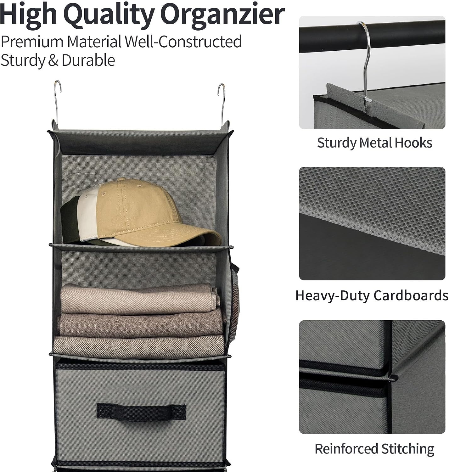 image:imageGRANNY SAYS Hanging Closet Organizer 6 Shelves Closet Organizers and Storage with 5 Drawers 6 Side Pockets Closet Hanging Organizer Hanging Storage Organizer for Closet Baby Clothes Gray6 Tier3 Drawersgrey