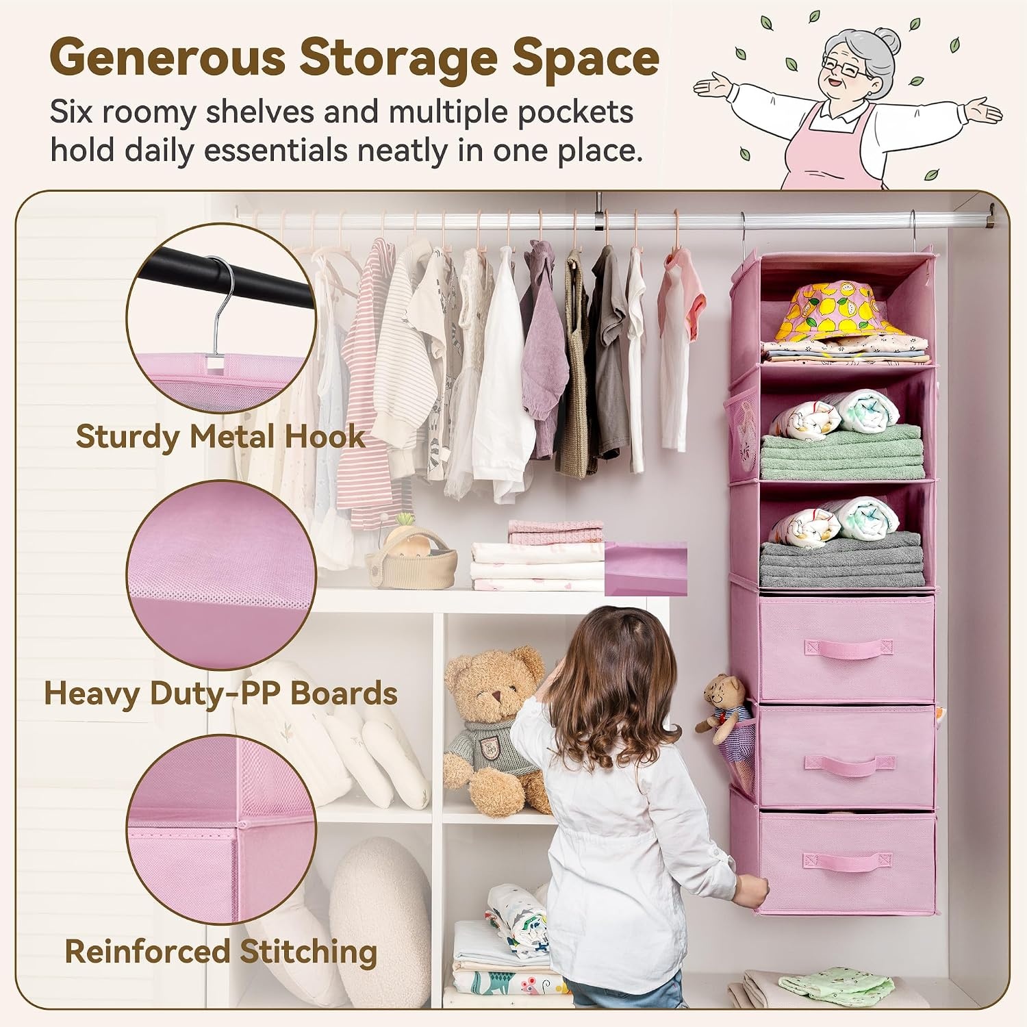 image:imageGRANNY SAYS Hanging Closet Organizer 6 Shelves Closet Organizers and Storage with 5 Drawers 6 Side Pockets Closet Hanging Organizer Hanging Storage Organizer for Closet Baby Clothes Gray6 Tier3 Drawerspink
