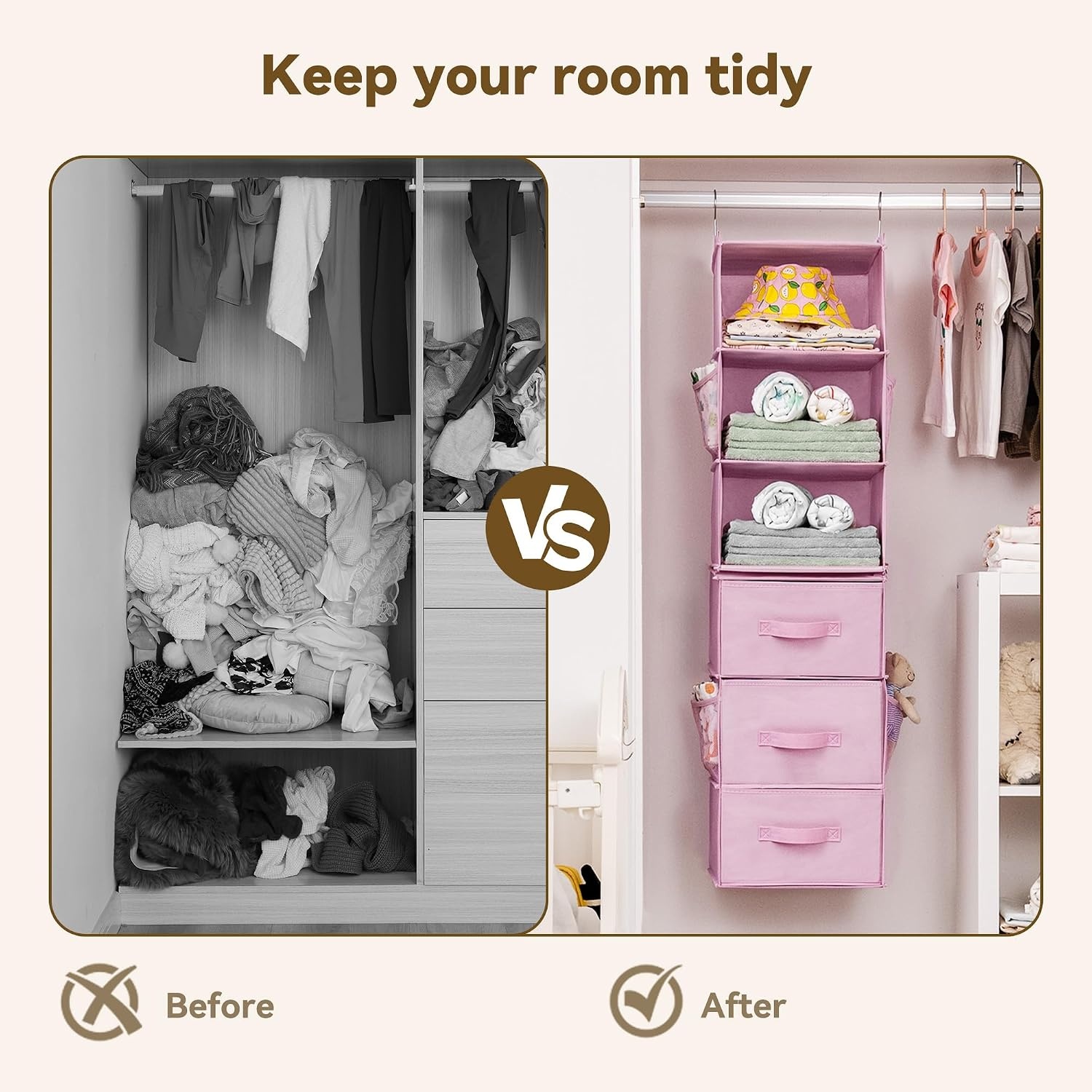 image:imageGRANNY SAYS Hanging Closet Organizer 6 Shelves Closet Organizers and Storage with 5 Drawers 6 Side Pockets Closet Hanging Organizer Hanging Storage Organizer for Closet Baby Clothes Gray6 Tier3 Drawerspink
