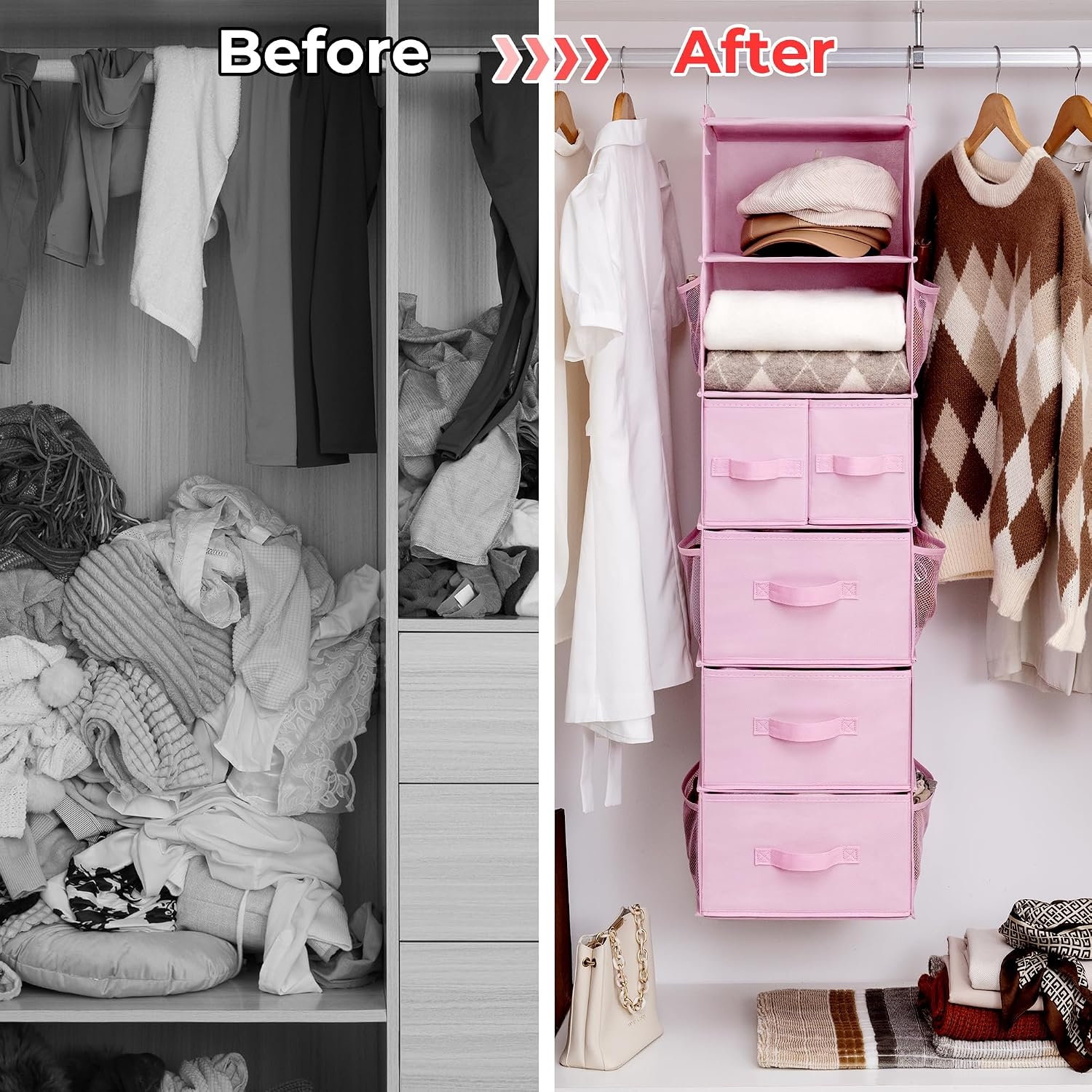 image:imageGRANNY SAYS Hanging Closet Organizer 6 Shelves Closet Organizers and Storage with 5 Drawers 6 Side Pockets Closet Hanging Organizer Hanging Storage Organizer for Closet Baby Clothes Gray6 Tier5 Drawerspink
