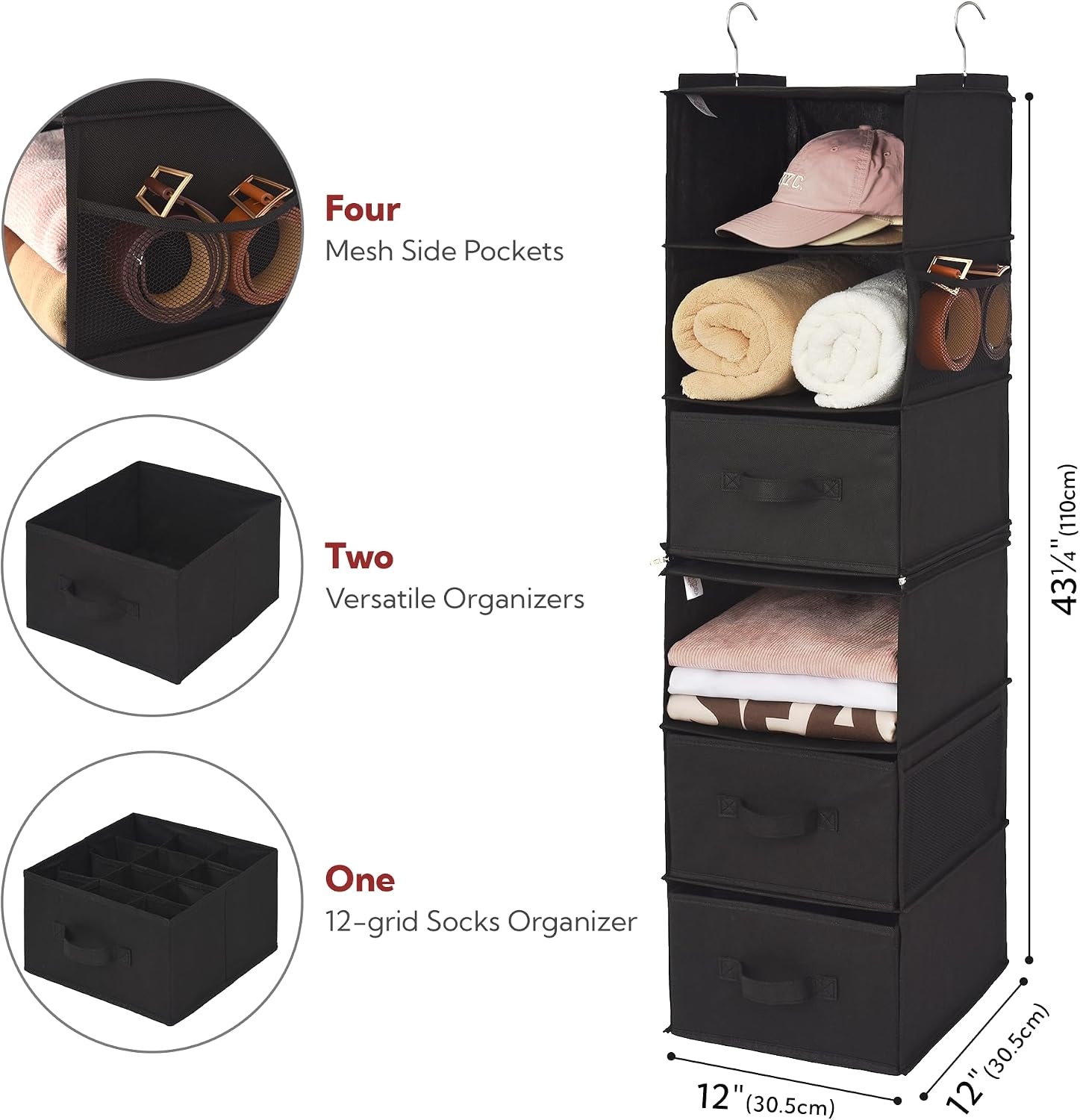 image:imageGRANNY SAYS Hanging Closet Organizer 6 Shelves Closet Organizers and Storage with 5 Drawers 6 Side Pockets Closet Hanging Organizer Hanging Storage Organizer for Closet Baby Clothes Gray6 Tier3 Drawersblack