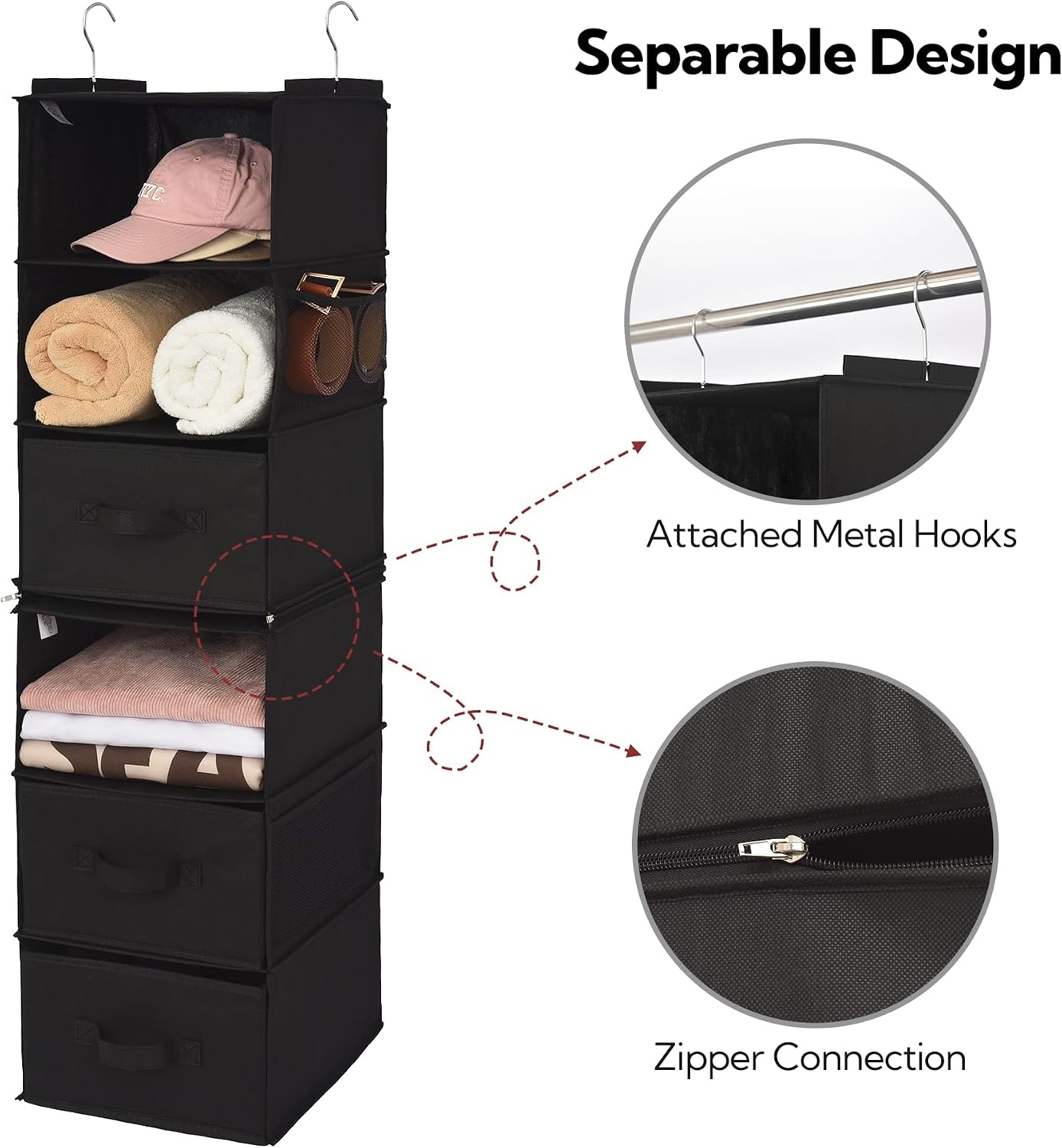 image:imageGRANNY SAYS Hanging Closet Organizer 6 Shelves Closet Organizers and Storage with 5 Drawers 6 Side Pockets Closet Hanging Organizer Hanging Storage Organizer for Closet Baby Clothes Gray6 Tier3 Drawersblack