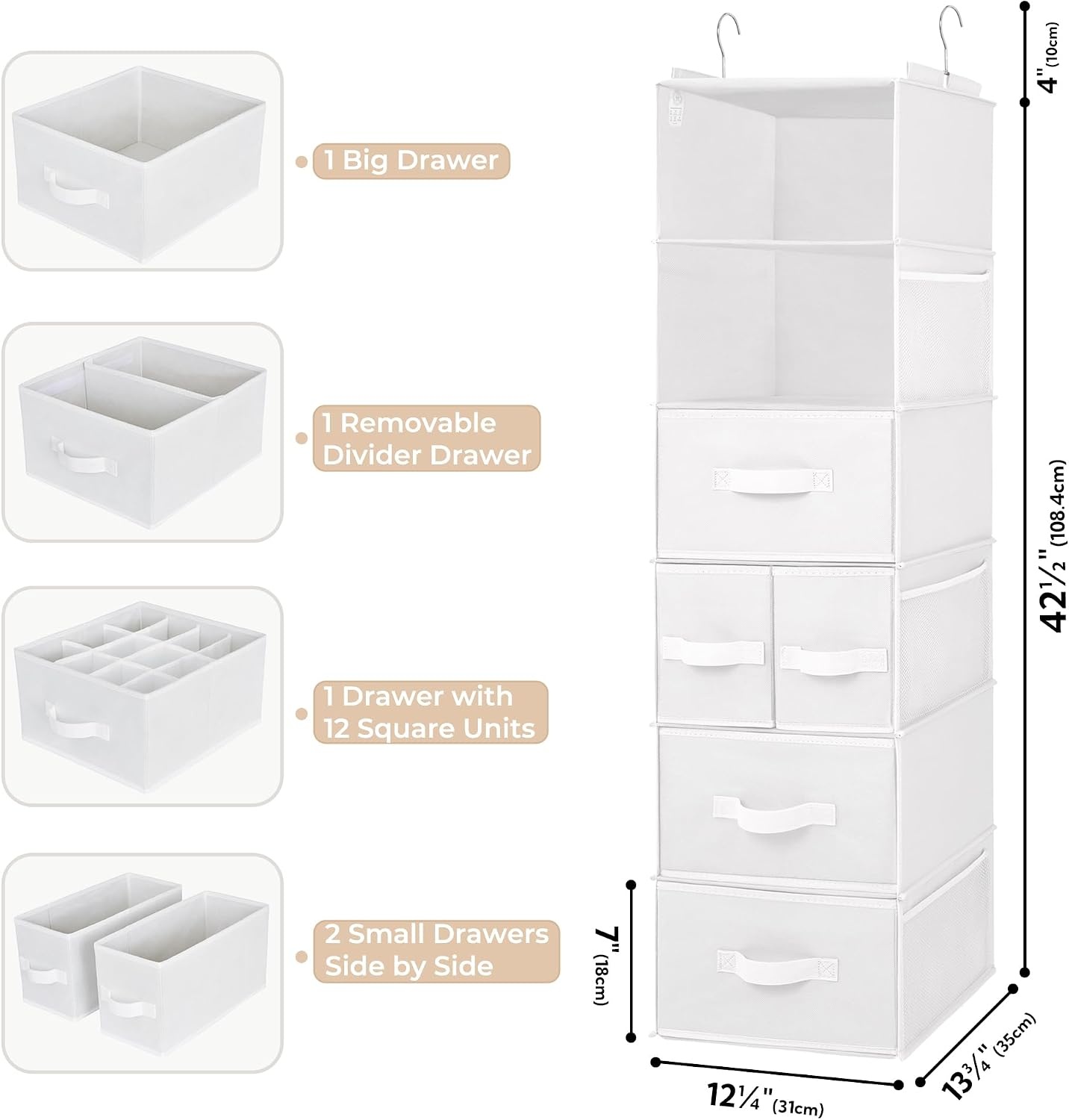 image:imageGRANNY SAYS Hanging Closet Organizer 6 Shelves Closet Organizers and Storage with 5 Drawers 6 Side Pockets Closet Hanging Organizer Hanging Storage Organizer for Closet Baby Clothes Gray6 Tier5 Drawerswhite