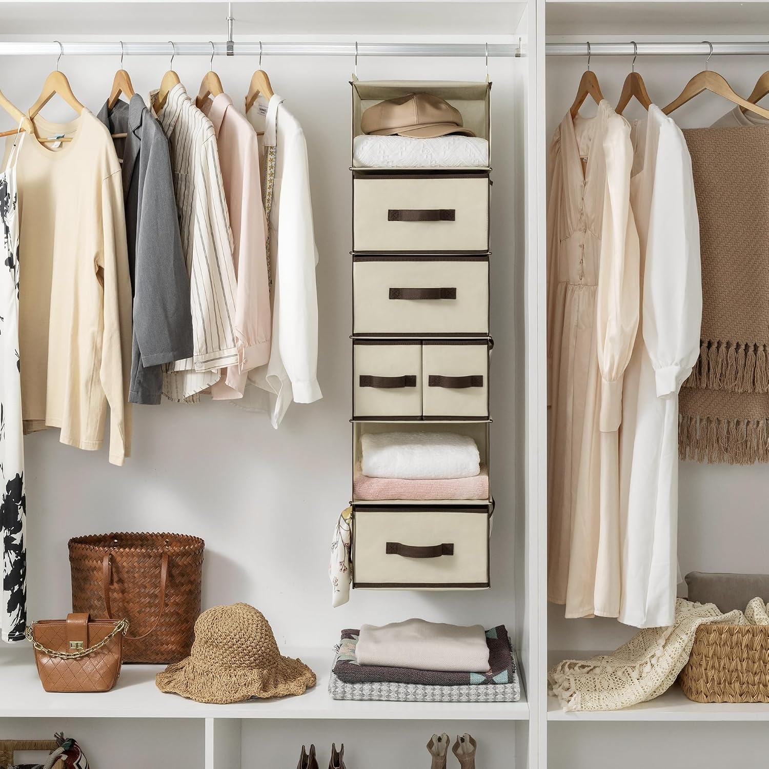 image:imageGRANNY SAYS Hanging Closet Organizer 6 Shelves Closet Organizers and Storage with 5 Drawers 6 Side Pockets Closet Hanging Organizer Hanging Storage Organizer for Closet Baby Clothes Gray6 Tier5 Drawersbeige