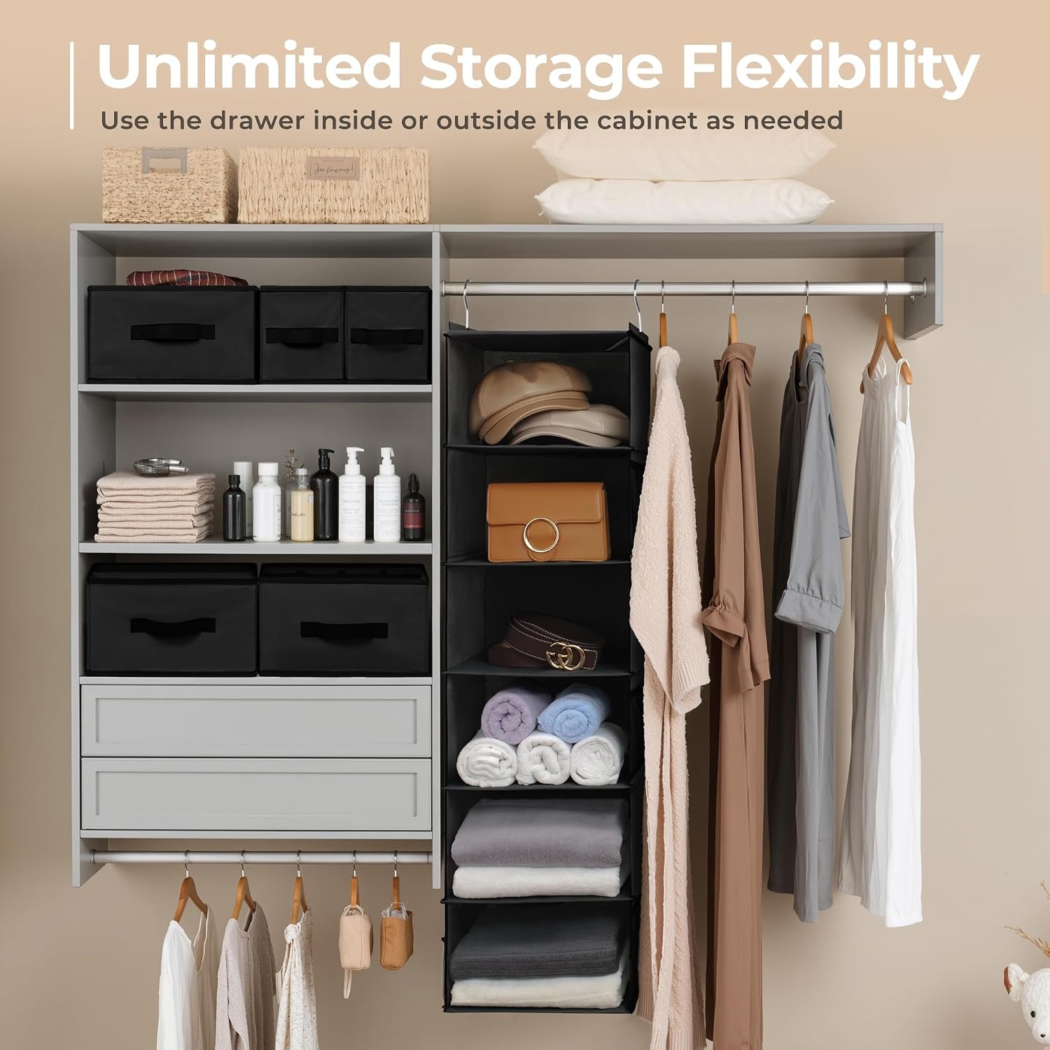 image:imageGRANNY SAYS Hanging Closet Organizer 6 Shelves Closet Organizers and Storage with 5 Drawers 6 Side Pockets Closet Hanging Organizer Hanging Storage Organizer for Closet Baby Clothes Gray6 Tier5 Drawersblack