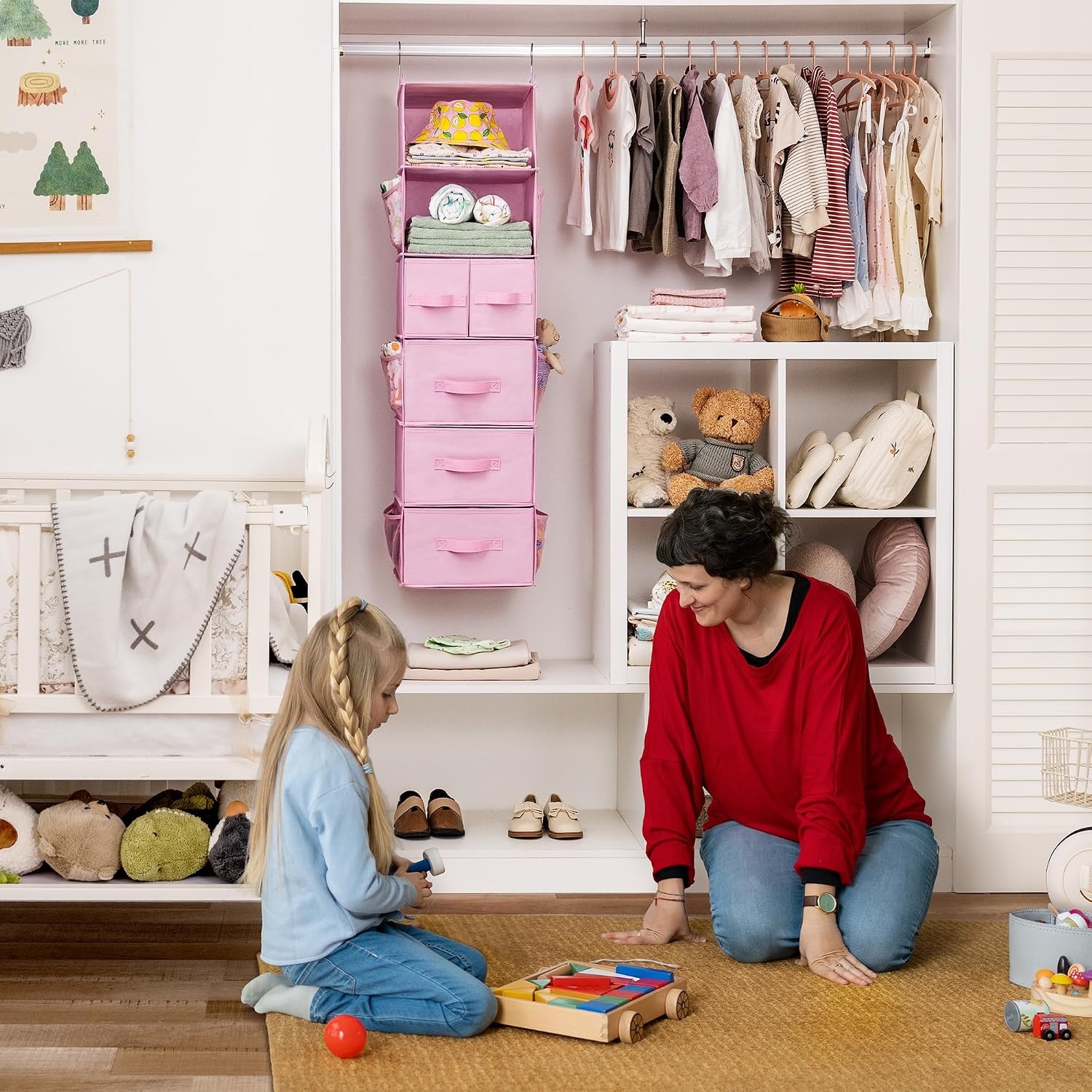image:imageGRANNY SAYS Hanging Closet Organizer 6 Shelves Closet Organizers and Storage with 5 Drawers 6 Side Pockets Closet Hanging Organizer Hanging Storage Organizer for Closet Baby Clothes Gray6 Tier5 Drawerspink