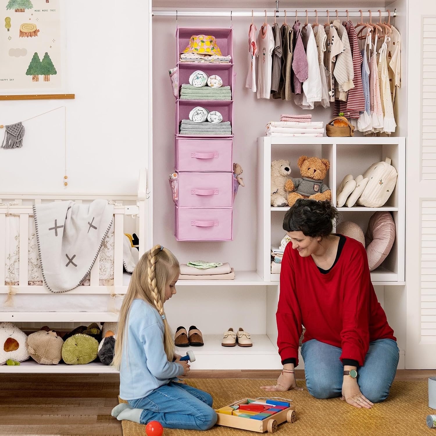 image:imageGRANNY SAYS Hanging Closet Organizer 6 Shelves Closet Organizers and Storage with 5 Drawers 6 Side Pockets Closet Hanging Organizer Hanging Storage Organizer for Closet Baby Clothes Gray6 Tier3 Drawerspink