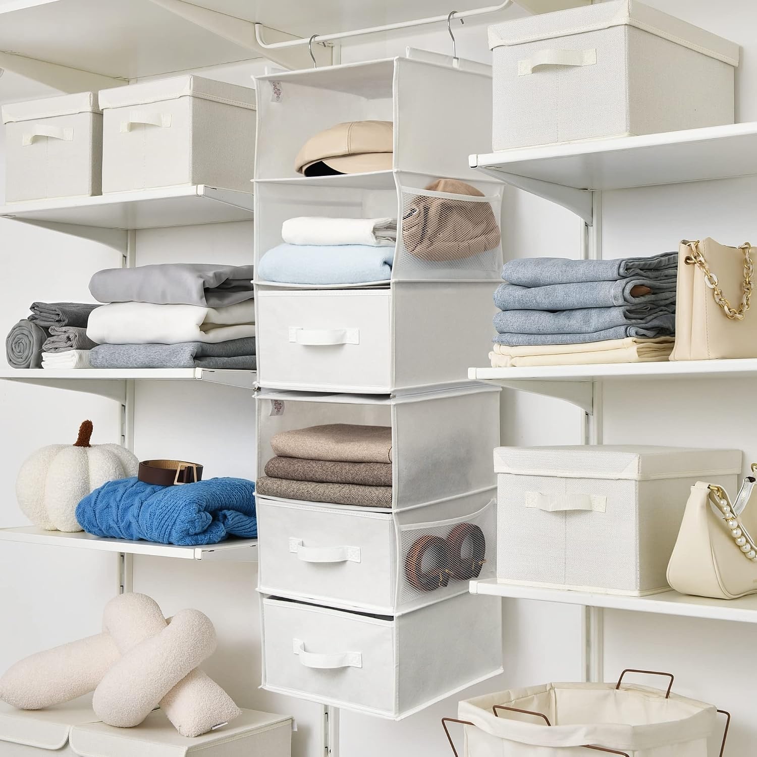 image:imageGRANNY SAYS Hanging Closet Organizer 6 Shelves Closet Organizers and Storage with 5 Drawers 6 Side Pockets Closet Hanging Organizer Hanging Storage Organizer for Closet Baby Clothes Gray6 Tier3 Drawerswhite