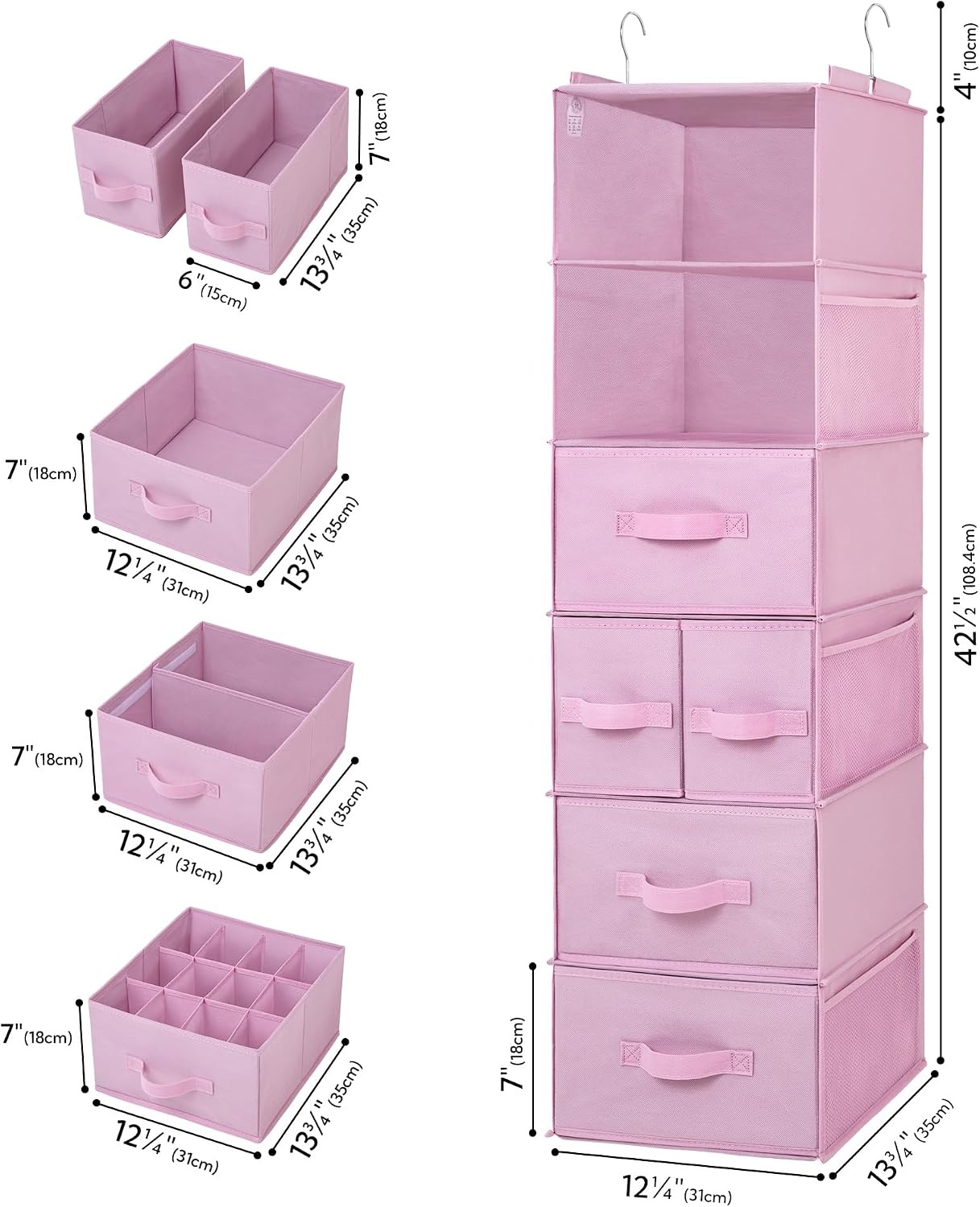 image:imageGRANNY SAYS Hanging Closet Organizer 6 Shelves Closet Organizers and Storage with 5 Drawers 6 Side Pockets Closet Hanging Organizer Hanging Storage Organizer for Closet Baby Clothes Gray6 Tier5 Drawerspink