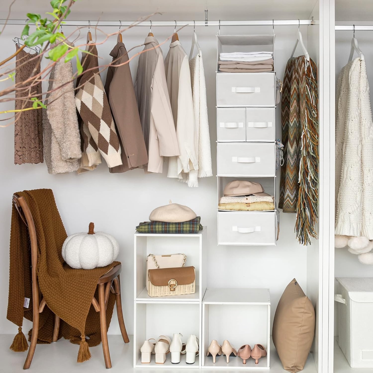 image:imageGRANNY SAYS Hanging Closet Organizer 6 Shelves Closet Organizers and Storage with 5 Drawers 6 Side Pockets Closet Hanging Organizer Hanging Storage Organizer for Closet Baby Clothes Gray6 Tier5 Drawerswhite