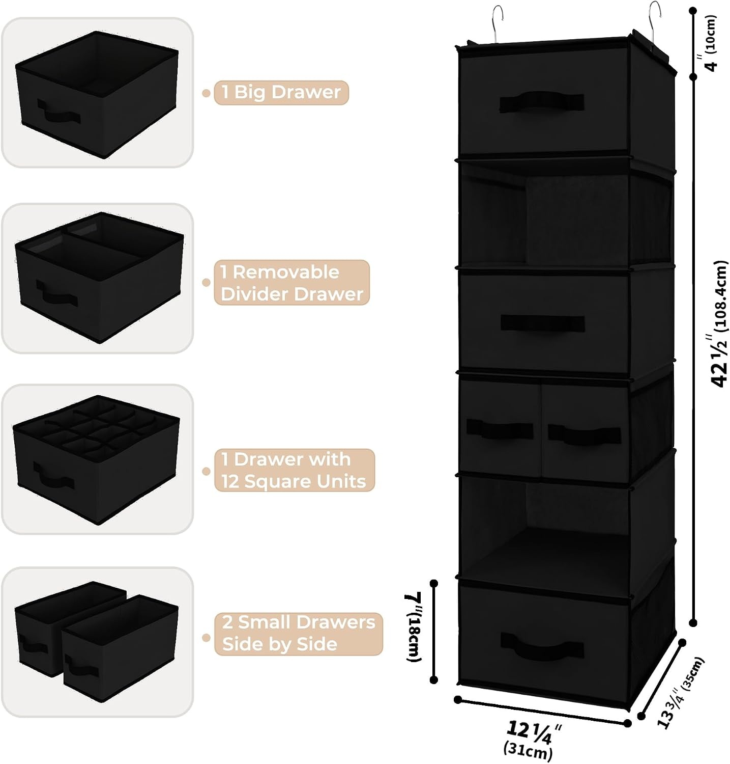 image:imageGRANNY SAYS Hanging Closet Organizer 6 Shelves Closet Organizers and Storage with 5 Drawers 6 Side Pockets Closet Hanging Organizer Hanging Storage Organizer for Closet Baby Clothes Gray6 Tier5 Drawersblack