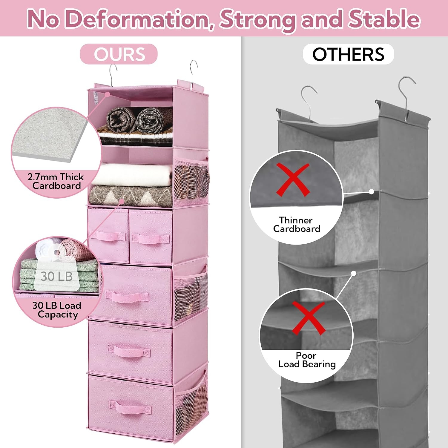 image:imageGRANNY SAYS Hanging Closet Organizer 6 Shelves Closet Organizers and Storage with 5 Drawers 6 Side Pockets Closet Hanging Organizer Hanging Storage Organizer for Closet Baby Clothes Gray6 Tier5 Drawerspink