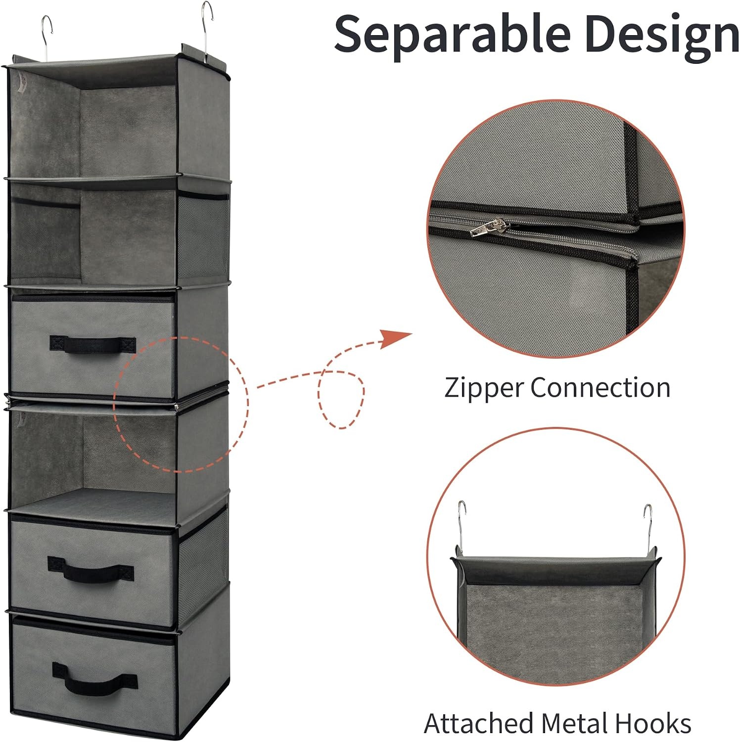 image:imageGRANNY SAYS Hanging Closet Organizer 6 Shelves Closet Organizers and Storage with 5 Drawers 6 Side Pockets Closet Hanging Organizer Hanging Storage Organizer for Closet Baby Clothes Gray6 Tier3 Drawersgrey