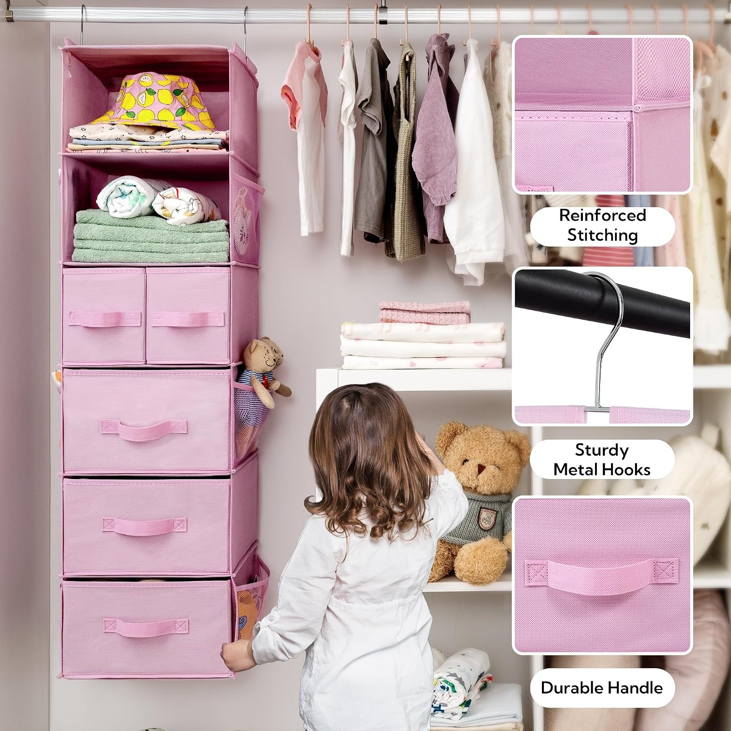 image:imageGRANNY SAYS Hanging Closet Organizer 6 Shelves Closet Organizers and Storage with 5 Drawers 6 Side Pockets Closet Hanging Organizer Hanging Storage Organizer for Closet Baby Clothes Gray6 Tier5 Drawerspink