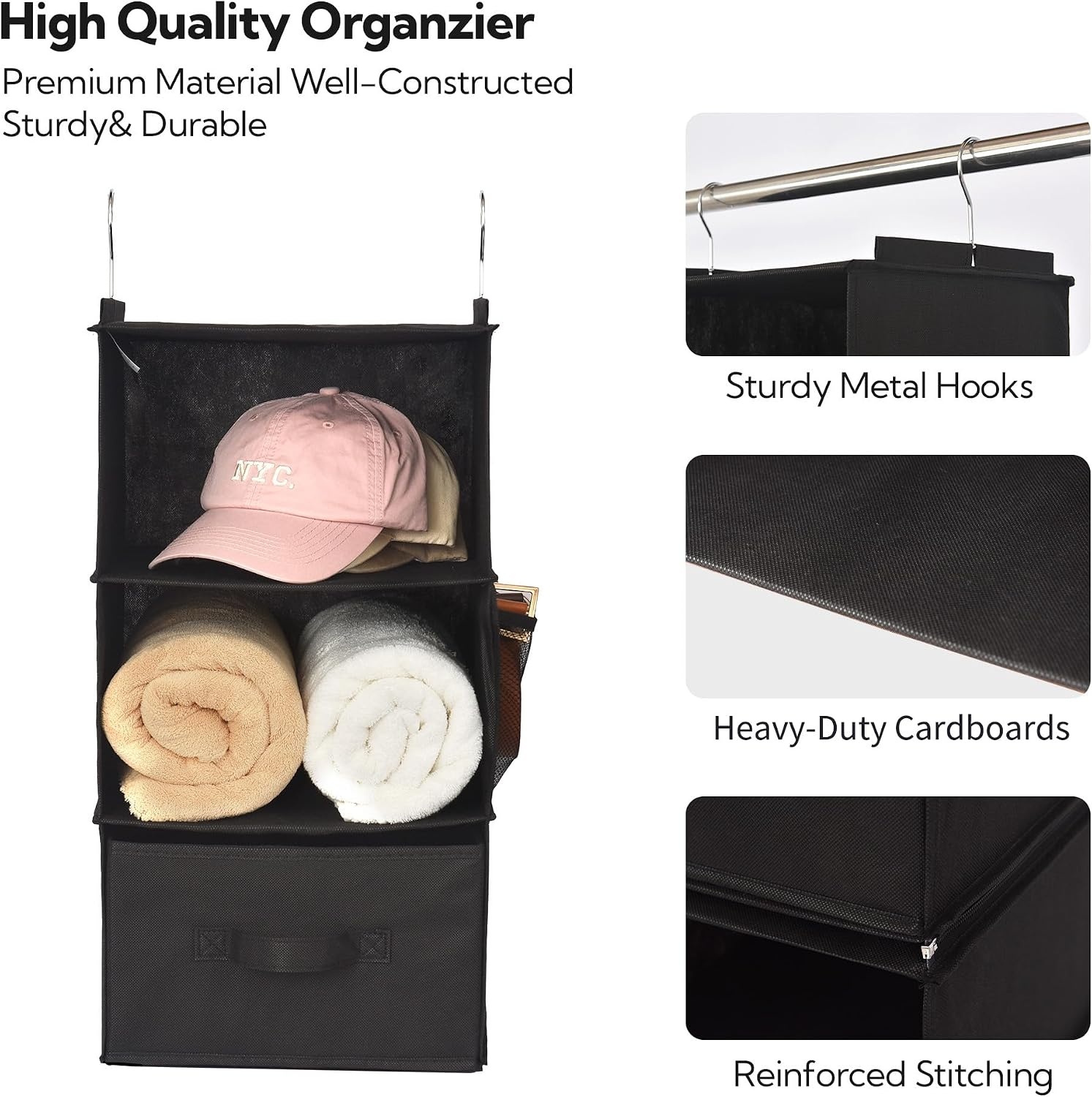image:imageGRANNY SAYS Hanging Closet Organizer 6 Shelves Closet Organizers and Storage with 5 Drawers 6 Side Pockets Closet Hanging Organizer Hanging Storage Organizer for Closet Baby Clothes Gray6 Tier3 Drawersblack