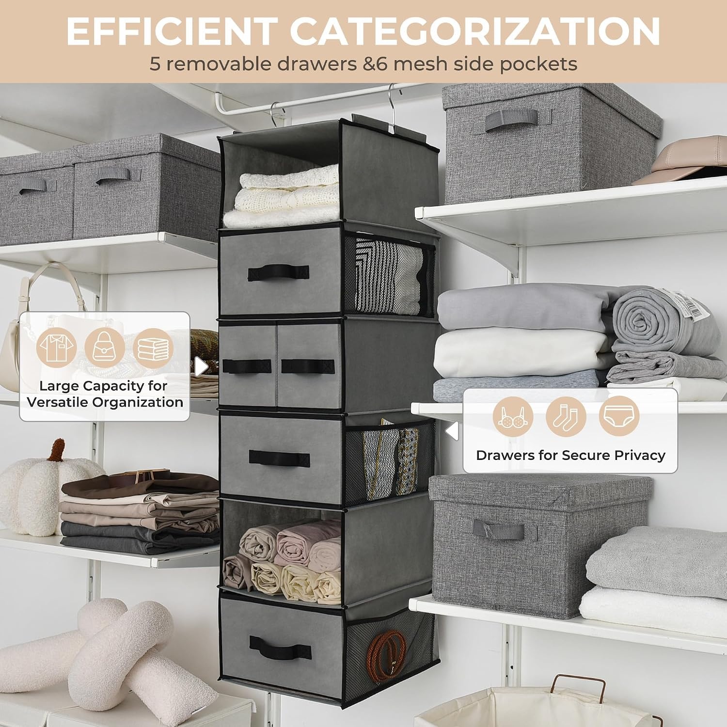 image:imageGRANNY SAYS Hanging Closet Organizer 6 Shelves Closet Organizers and Storage with 5 Drawers 6 Side Pockets Closet Hanging Organizer Hanging Storage Organizer for Closet Baby Clothes Gray6 Tier5 Drawersgrey