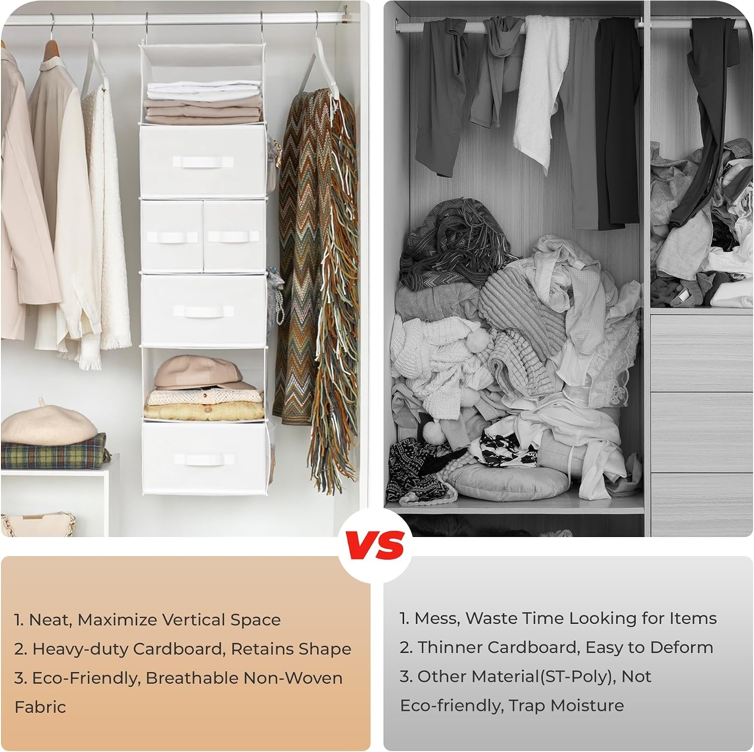 image:imageGRANNY SAYS Hanging Closet Organizer 6 Shelves Closet Organizers and Storage with 5 Drawers 6 Side Pockets Closet Hanging Organizer Hanging Storage Organizer for Closet Baby Clothes Gray6 Tier5 Drawerswhite