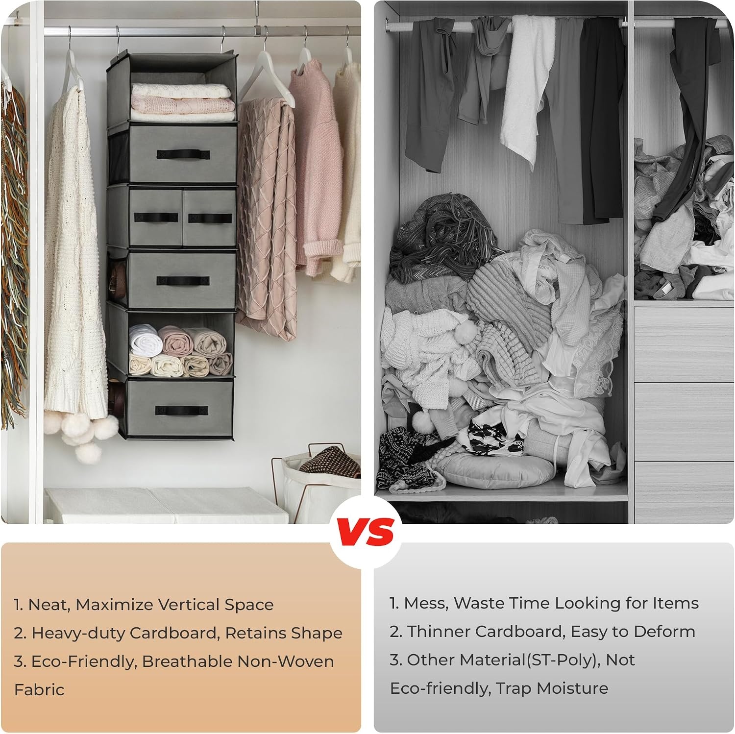 image:imageGRANNY SAYS Hanging Closet Organizer 6 Shelves Closet Organizers and Storage with 5 Drawers 6 Side Pockets Closet Hanging Organizer Hanging Storage Organizer for Closet Baby Clothes Gray6 Tier5 Drawersgrey