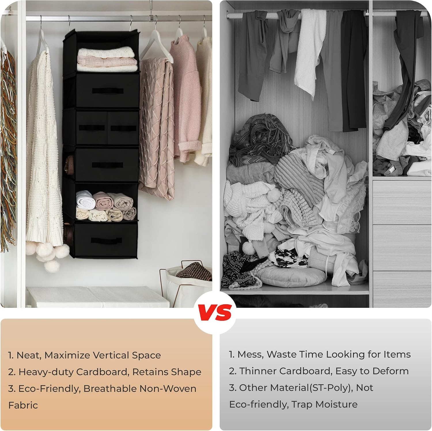 image:imageGRANNY SAYS Hanging Closet Organizer 6 Shelves Closet Organizers and Storage with 5 Drawers 6 Side Pockets Closet Hanging Organizer Hanging Storage Organizer for Closet Baby Clothes Gray6 Tier5 Drawersblack
