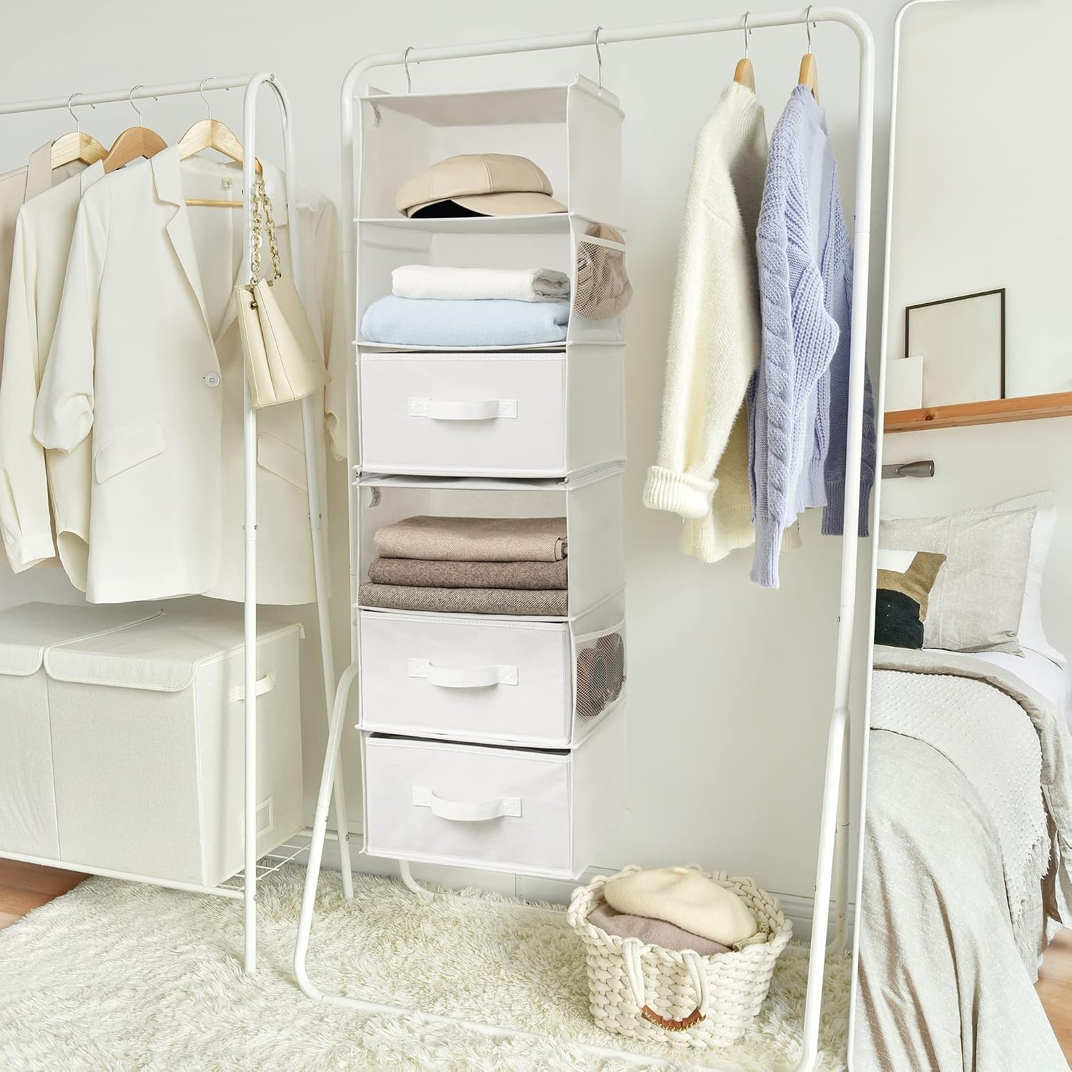 image:imageGRANNY SAYS Hanging Closet Organizer 6 Shelves Closet Organizers and Storage with 5 Drawers 6 Side Pockets Closet Hanging Organizer Hanging Storage Organizer for Closet Baby Clothes Gray6 Tier3 Drawerswhite