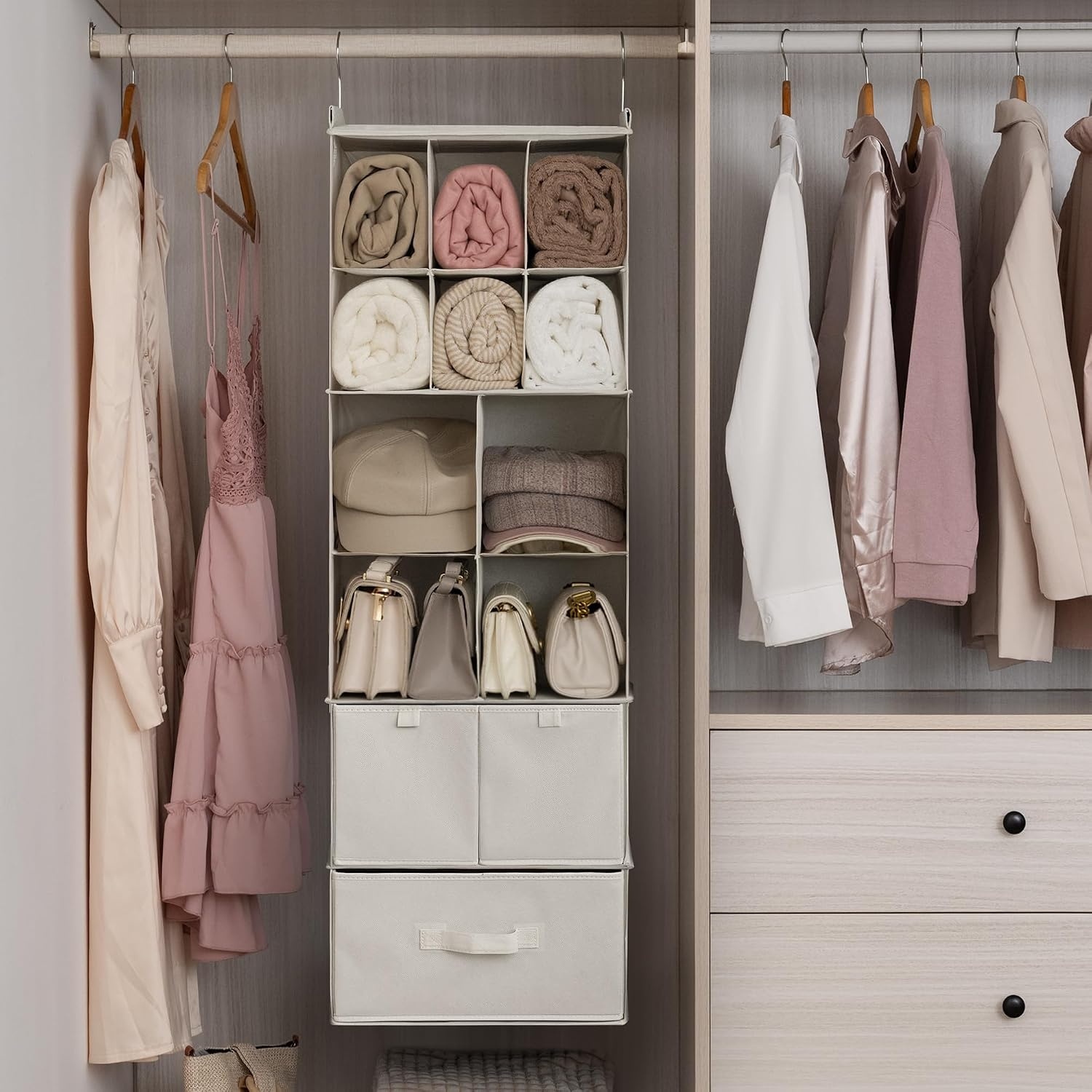 image:imageGRANNY SAYS Hanging Closet Organizer 6 Shelves Closet Organizers and Storage with 5 Drawers 6 Side Pockets Closet Hanging Organizer Hanging Storage Organizer for Closet Baby Clothes Gray6 Tier10 Cubiclesbeige