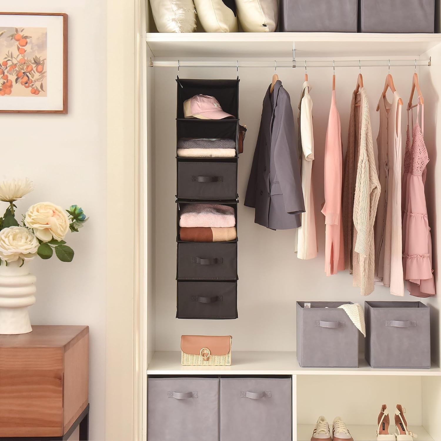 image:imageGRANNY SAYS Hanging Closet Organizer 6 Shelves Closet Organizers and Storage with 5 Drawers 6 Side Pockets Closet Hanging Organizer Hanging Storage Organizer for Closet Baby Clothes Gray6 Tier3 Drawersblack