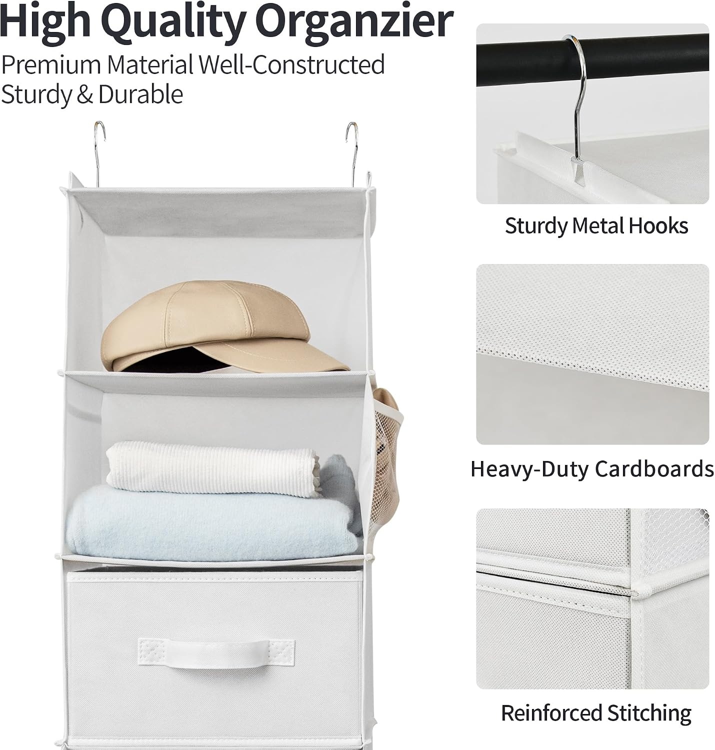 image:imageGRANNY SAYS Hanging Closet Organizer 6 Shelves Closet Organizers and Storage with 5 Drawers 6 Side Pockets Closet Hanging Organizer Hanging Storage Organizer for Closet Baby Clothes Gray6 Tier3 Drawerswhite