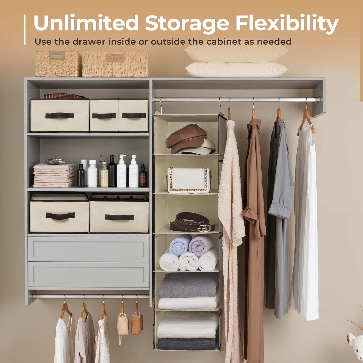 image:imageGRANNY SAYS Hanging Closet Organizer 6 Shelves Closet Organizers and Storage with 5 Drawers 6 Side Pockets Closet Hanging Organizer Hanging Storage Organizer for Closet Baby Clothes Gray6 Tier5 Drawersbeige