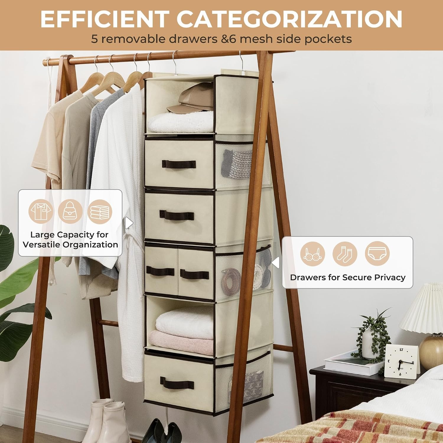 image:imageGRANNY SAYS Hanging Closet Organizer 6 Shelves Closet Organizers and Storage with 5 Drawers 6 Side Pockets Closet Hanging Organizer Hanging Storage Organizer for Closet Baby Clothes Gray6 Tier5 Drawersbeige
