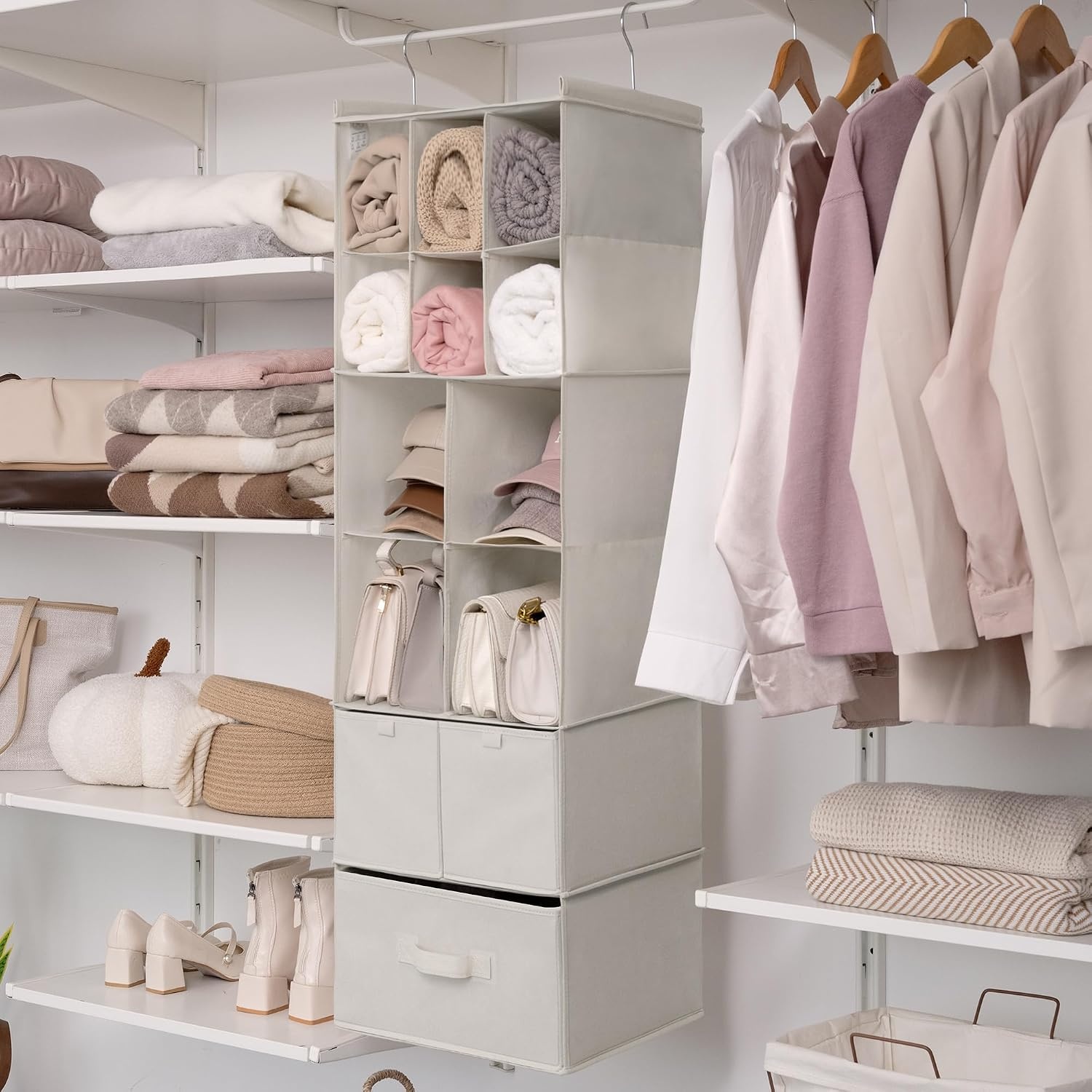 image:imageGRANNY SAYS Hanging Closet Organizer 6 Shelves Closet Organizers and Storage with 5 Drawers 6 Side Pockets Closet Hanging Organizer Hanging Storage Organizer for Closet Baby Clothes Gray6 Tier10 Cubiclesbeige