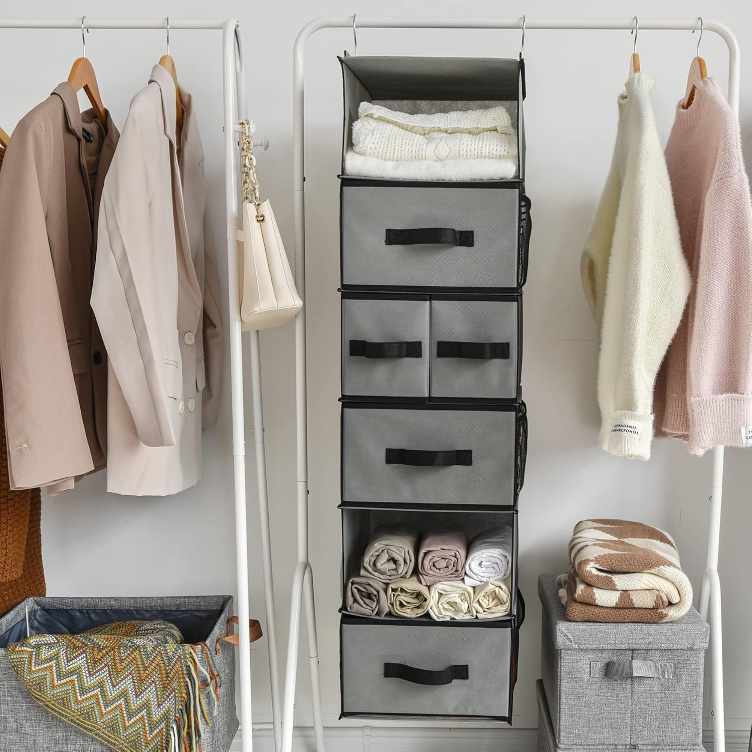 image:imageGRANNY SAYS Hanging Closet Organizer 6 Shelves Closet Organizers and Storage with 5 Drawers 6 Side Pockets Closet Hanging Organizer Hanging Storage Organizer for Closet Baby Clothes Gray6 Tier5 Drawersgrey