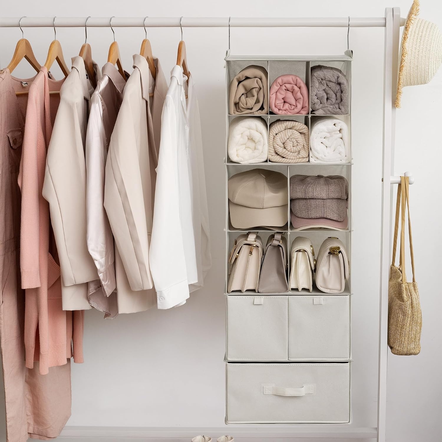 image:imageGRANNY SAYS Hanging Closet Organizer 6 Shelves Closet Organizers and Storage with 5 Drawers 6 Side Pockets Closet Hanging Organizer Hanging Storage Organizer for Closet Baby Clothes Gray6 Tier10 Cubiclesbeige