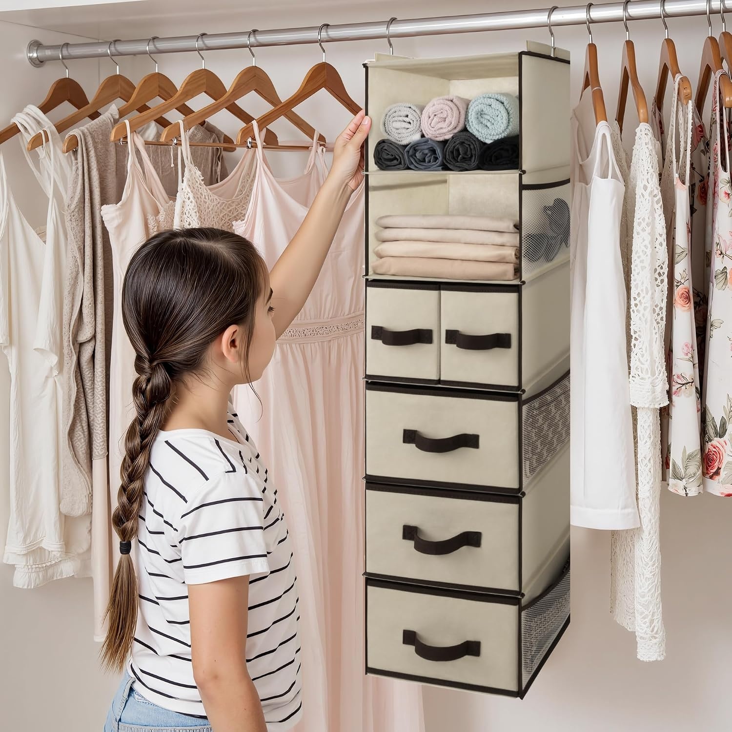 image:imageGRANNY SAYS Hanging Closet Organizer 6 Shelves Closet Organizers and Storage with 5 Drawers 6 Side Pockets Closet Hanging Organizer Hanging Storage Organizer for Closet Baby Clothes Gray6 Tier5 Drawersbeige