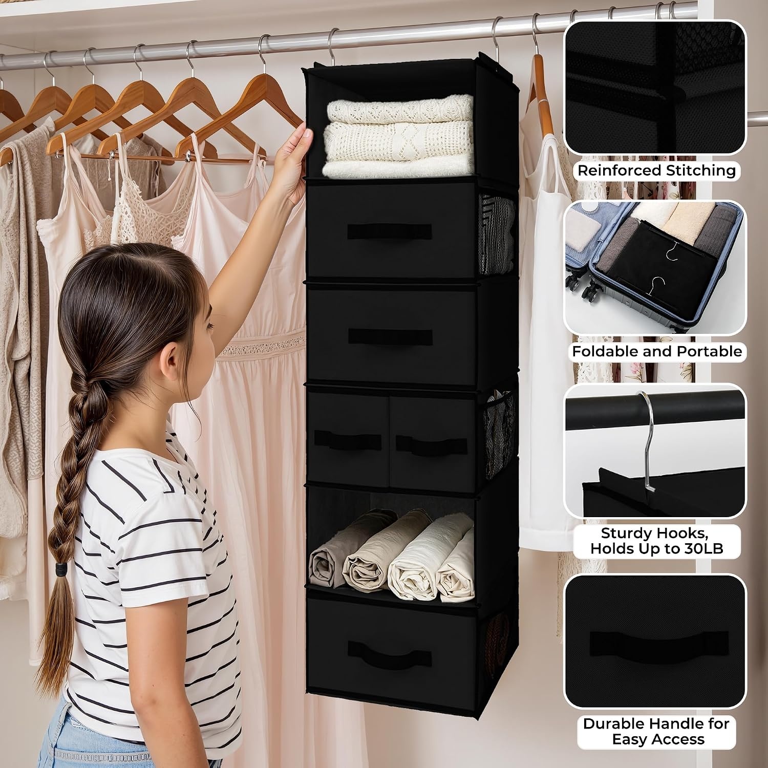 image:imageGRANNY SAYS Hanging Closet Organizer 6 Shelves Closet Organizers and Storage with 5 Drawers 6 Side Pockets Closet Hanging Organizer Hanging Storage Organizer for Closet Baby Clothes Gray6 Tier5 Drawersblack