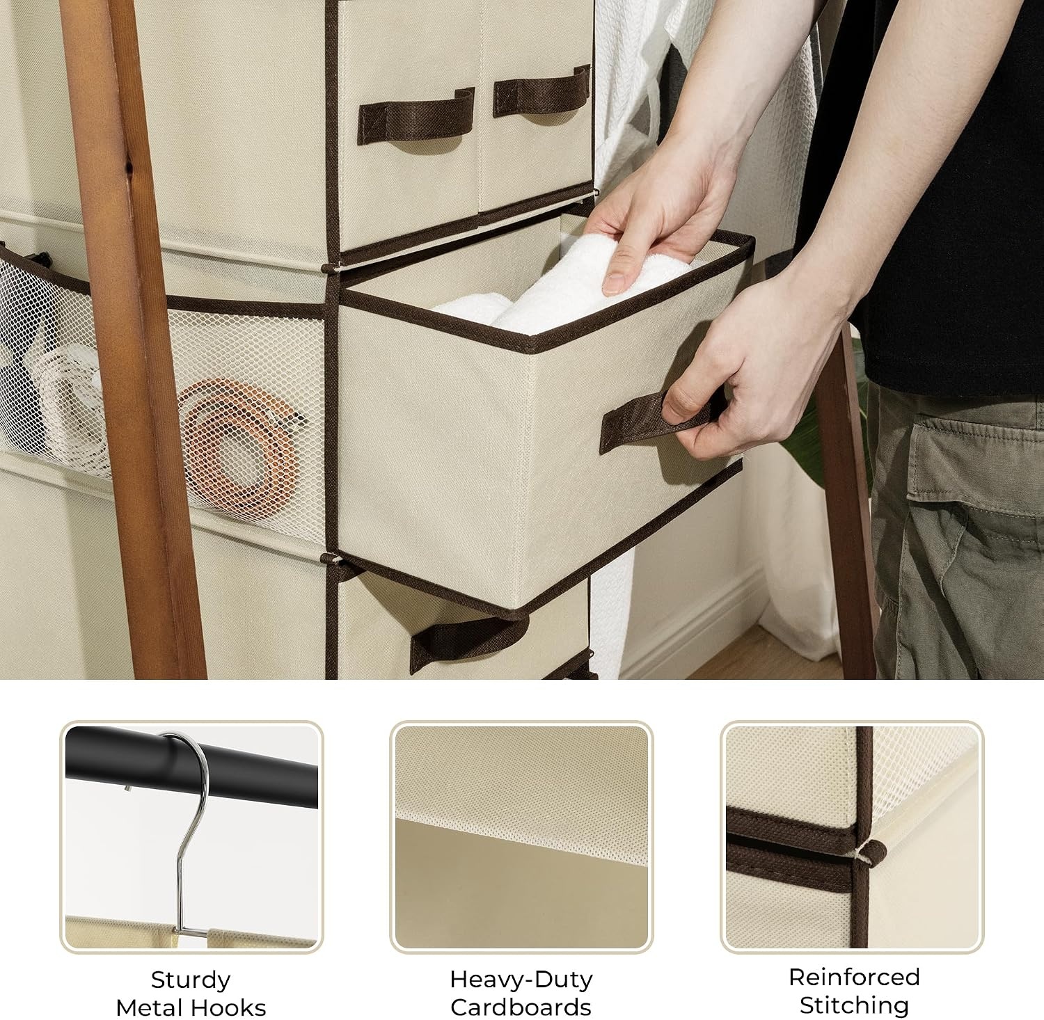 image:imageGRANNY SAYS Hanging Closet Organizer 6 Shelves Closet Organizers and Storage with 5 Drawers 6 Side Pockets Closet Hanging Organizer Hanging Storage Organizer for Closet Baby Clothes Gray6 Tier5 Drawersbeige