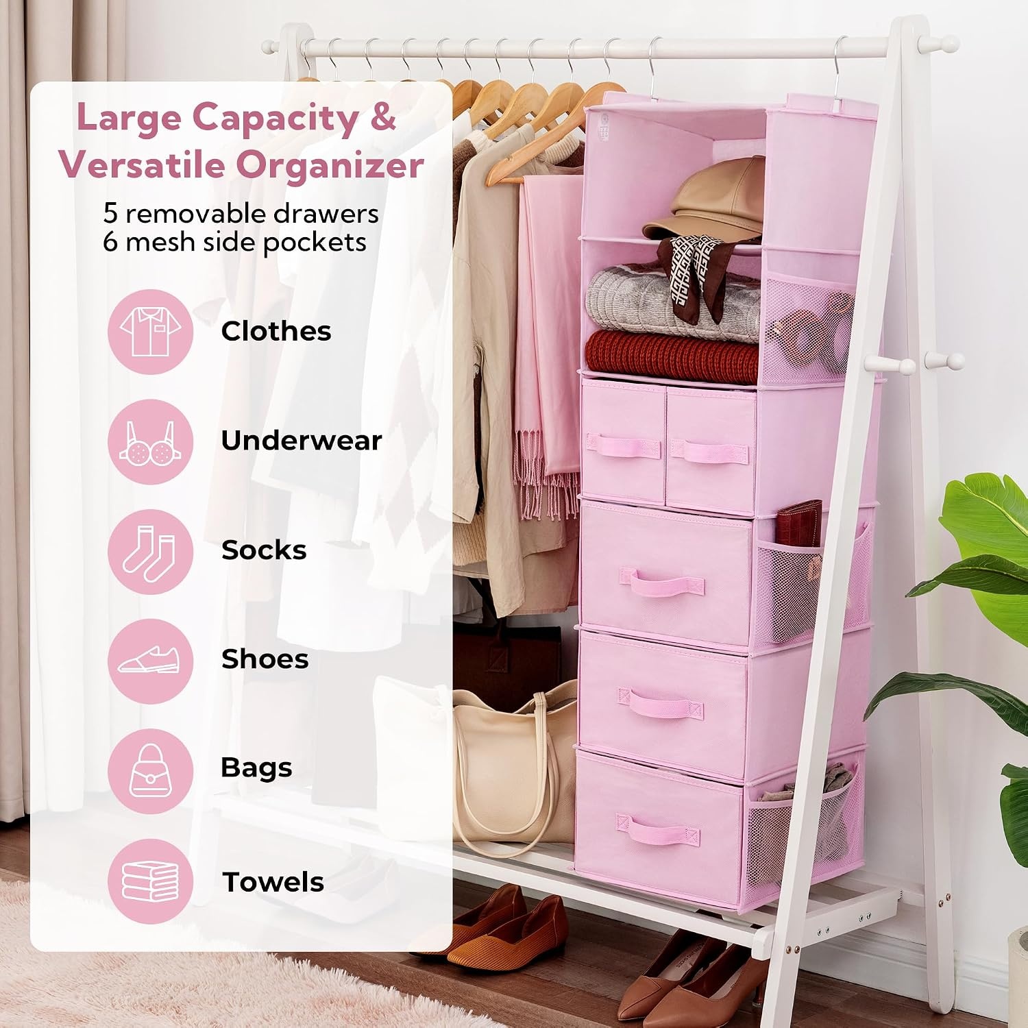 image:imageGRANNY SAYS Hanging Closet Organizer 6 Shelves Closet Organizers and Storage with 5 Drawers 6 Side Pockets Closet Hanging Organizer Hanging Storage Organizer for Closet Baby Clothes Gray6 Tier5 Drawerspink