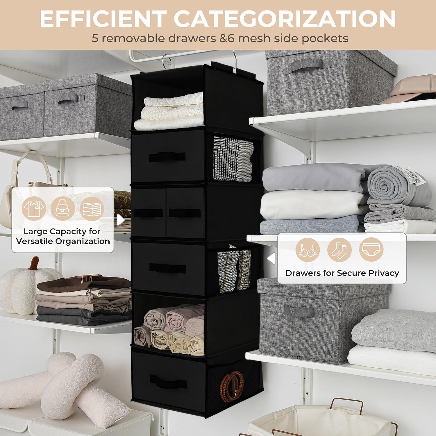 image:imageGRANNY SAYS Hanging Closet Organizer 6 Shelves Closet Organizers and Storage with 5 Drawers 6 Side Pockets Closet Hanging Organizer Hanging Storage Organizer for Closet Baby Clothes Gray6 Tier5 Drawersblack