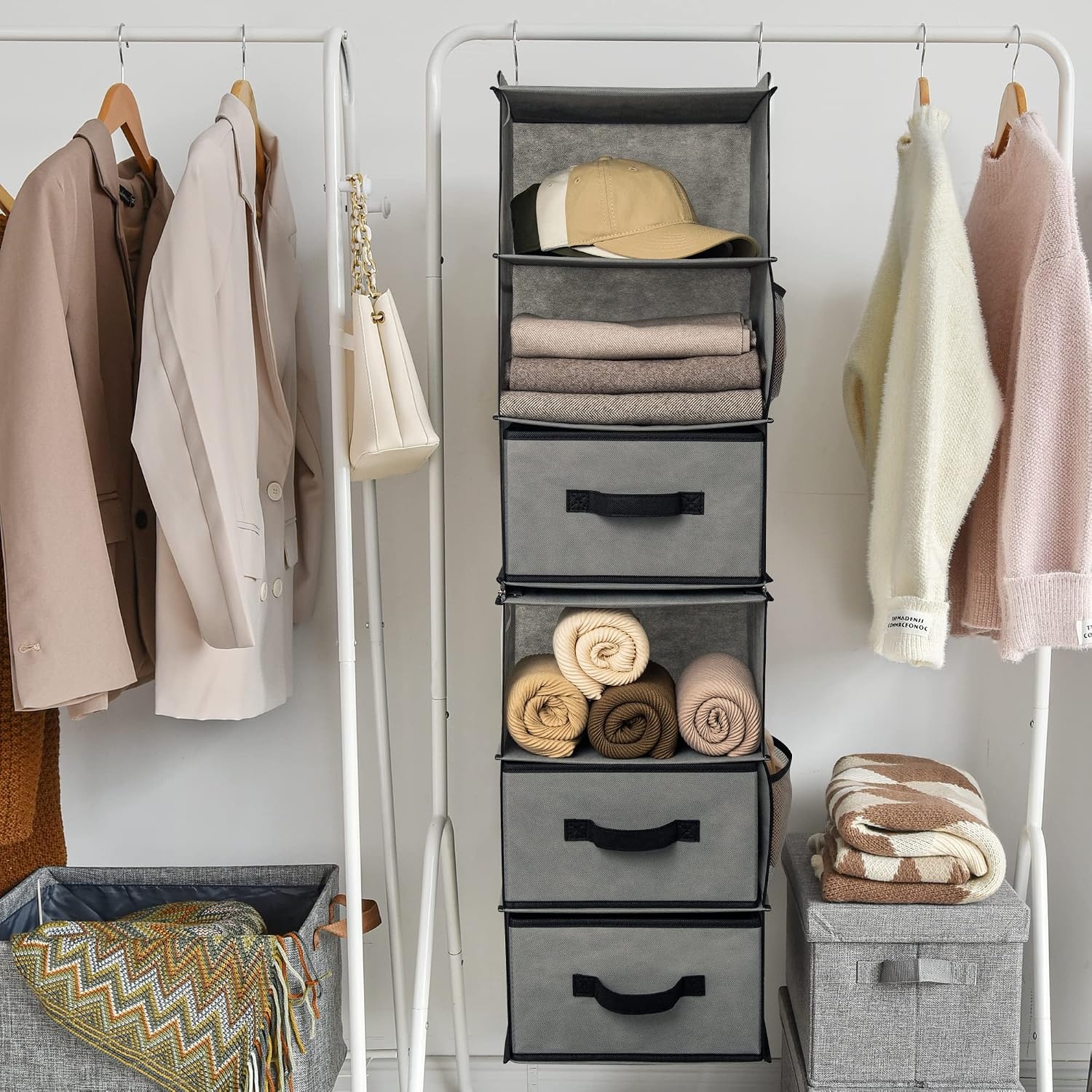 image:imageGRANNY SAYS Hanging Closet Organizer 6 Shelves Closet Organizers and Storage with 5 Drawers 6 Side Pockets Closet Hanging Organizer Hanging Storage Organizer for Closet Baby Clothes Gray6 Tier3 Drawersgrey