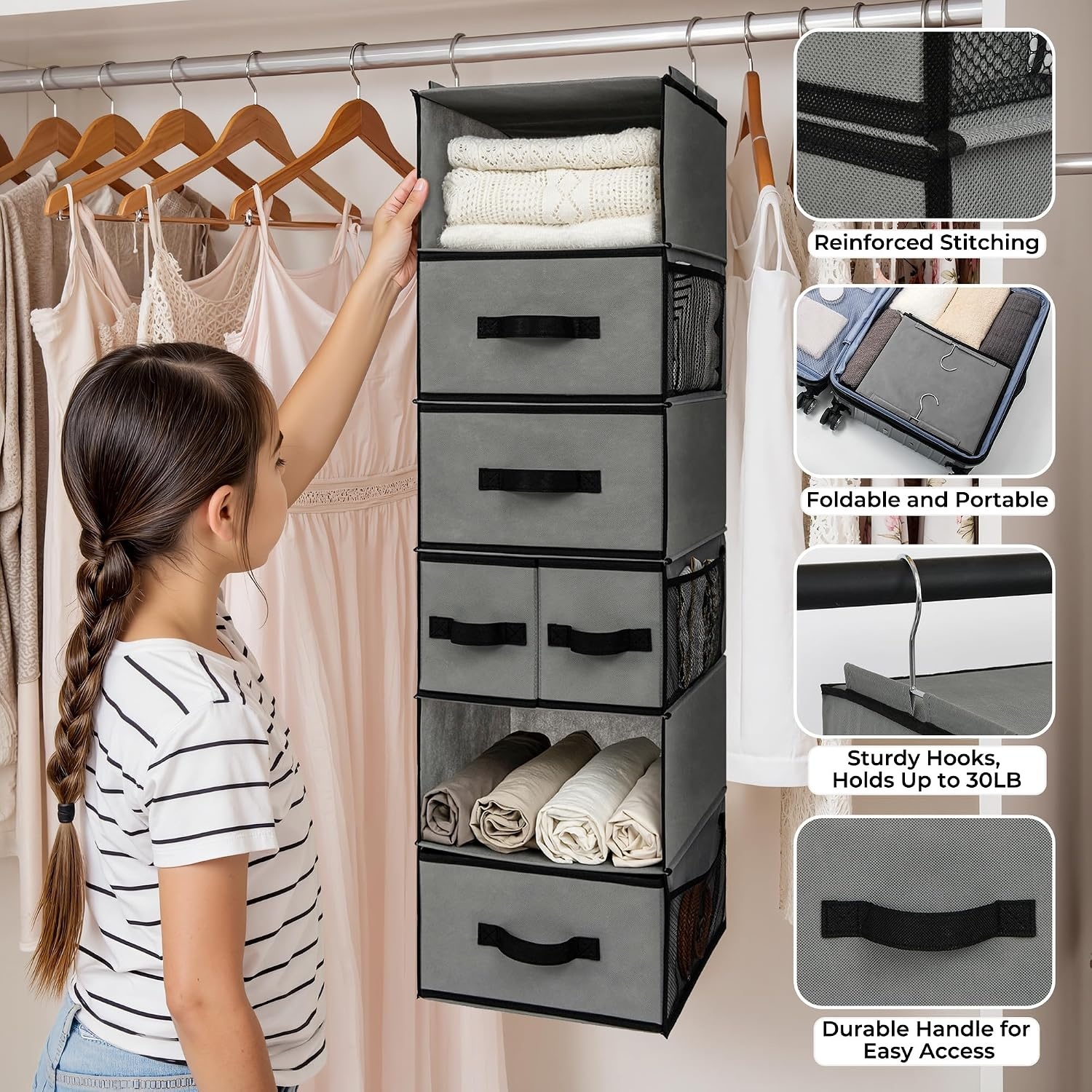 image:imageGRANNY SAYS Hanging Closet Organizer 6 Shelves Closet Organizers and Storage with 5 Drawers 6 Side Pockets Closet Hanging Organizer Hanging Storage Organizer for Closet Baby Clothes Gray6 Tier5 Drawersgrey