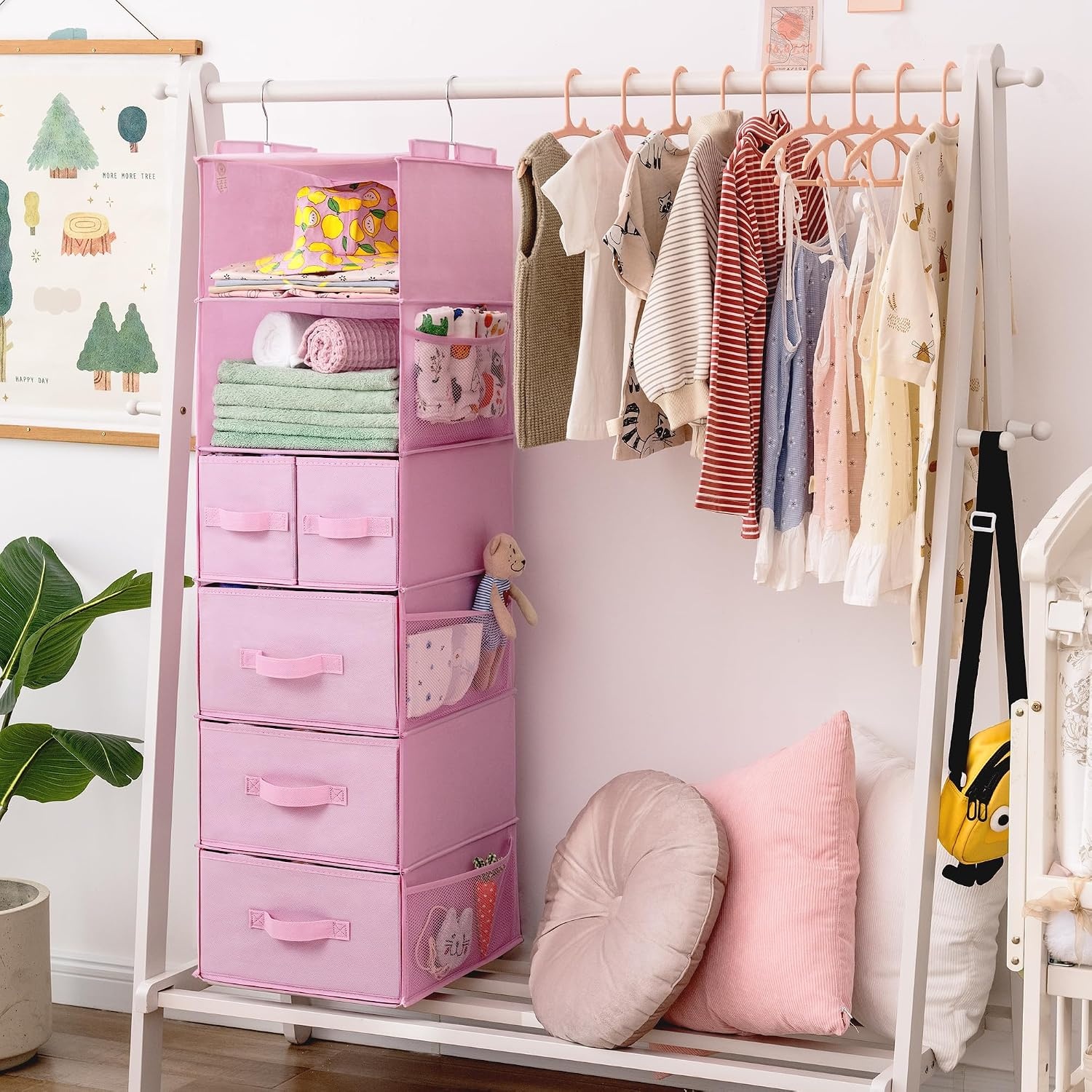 image:imageGRANNY SAYS Hanging Closet Organizer 6 Shelves Closet Organizers and Storage with 5 Drawers 6 Side Pockets Closet Hanging Organizer Hanging Storage Organizer for Closet Baby Clothes Gray6 Tier5 Drawerspink