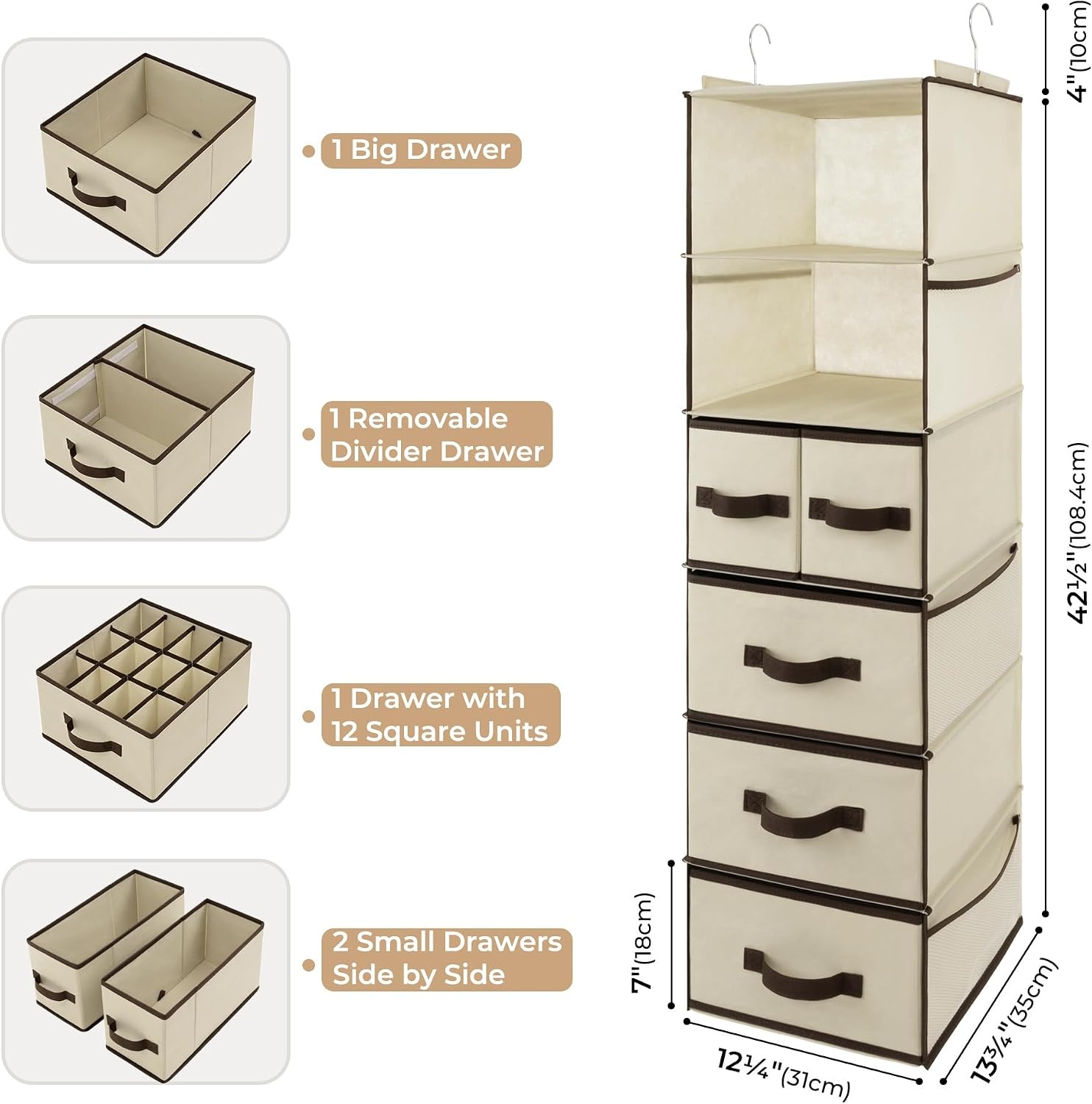 image:imageGRANNY SAYS Hanging Closet Organizer 6 Shelves Closet Organizers and Storage with 5 Drawers 6 Side Pockets Closet Hanging Organizer Hanging Storage Organizer for Closet Baby Clothes Gray6 Tier5 Drawersbeige