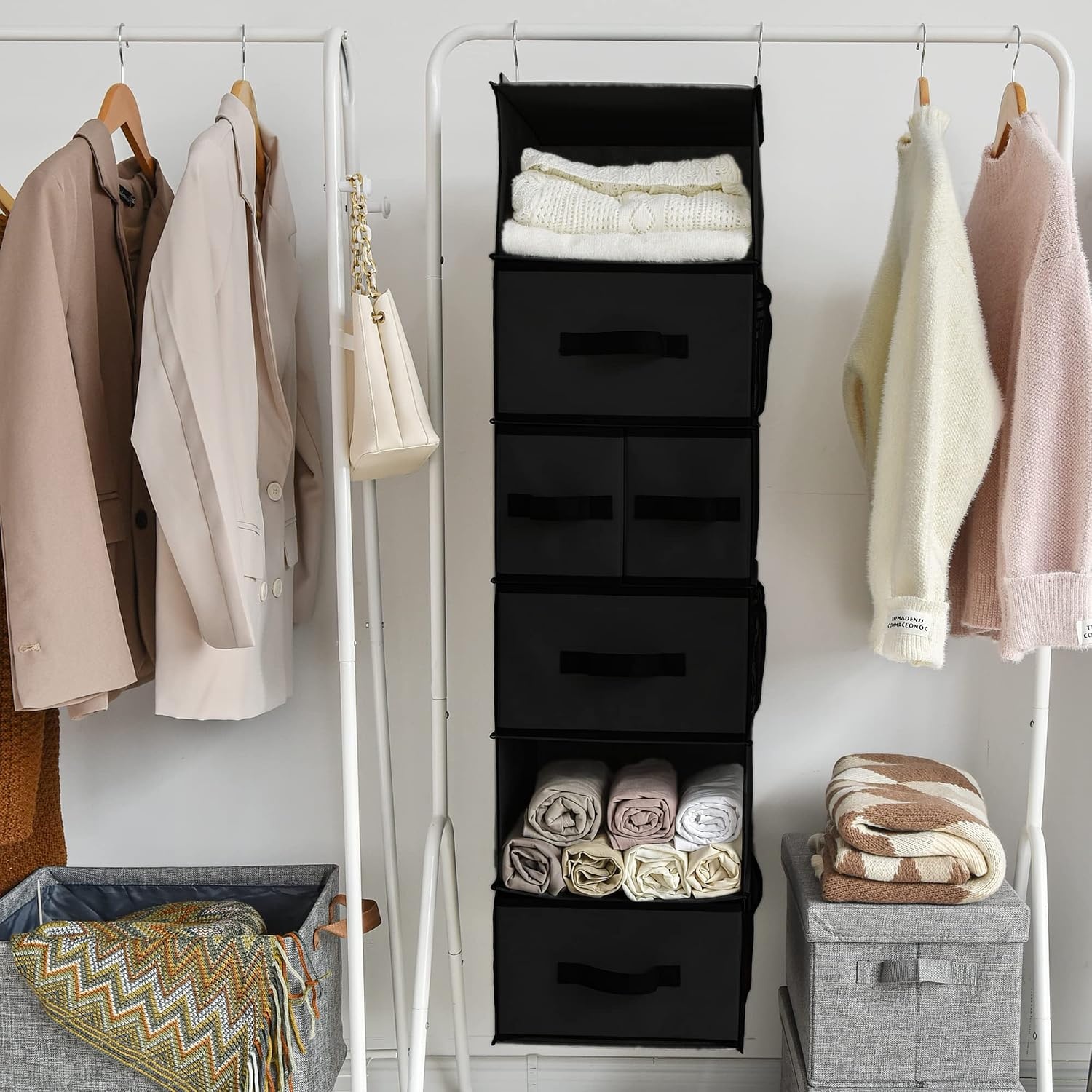 image:imageGRANNY SAYS Hanging Closet Organizer 6 Shelves Closet Organizers and Storage with 5 Drawers 6 Side Pockets Closet Hanging Organizer Hanging Storage Organizer for Closet Baby Clothes Gray6 Tier5 Drawersblack