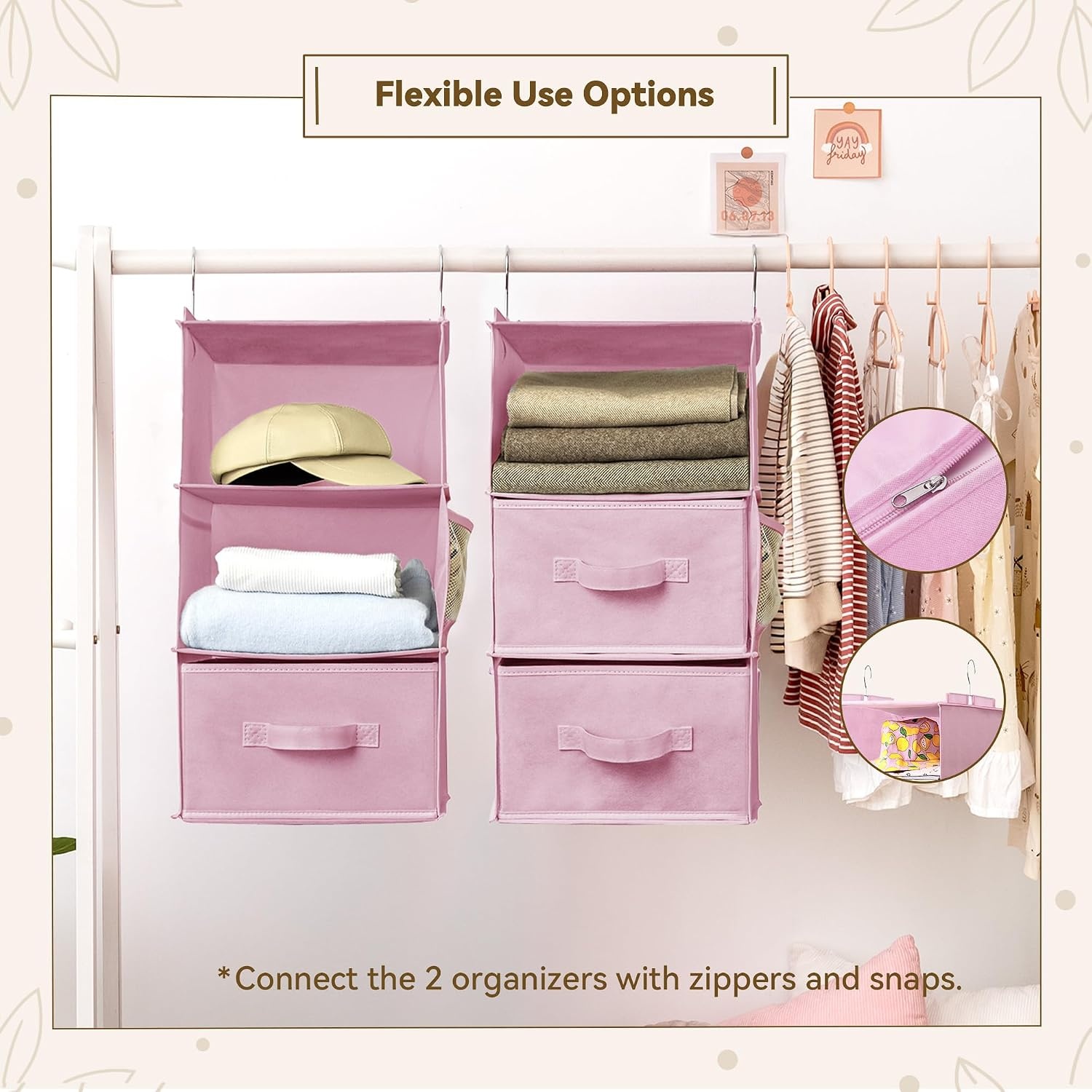 image:imageGRANNY SAYS Hanging Closet Organizer 6 Shelves Closet Organizers and Storage with 5 Drawers 6 Side Pockets Closet Hanging Organizer Hanging Storage Organizer for Closet Baby Clothes Gray6 Tier3 Drawerspink