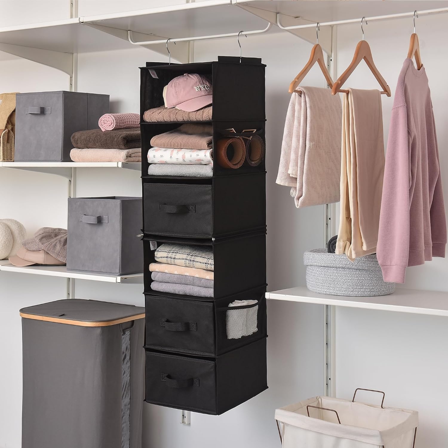 image:imageGRANNY SAYS Hanging Closet Organizer 6 Shelves Closet Organizers and Storage with 5 Drawers 6 Side Pockets Closet Hanging Organizer Hanging Storage Organizer for Closet Baby Clothes Gray6 Tier3 Drawersblack