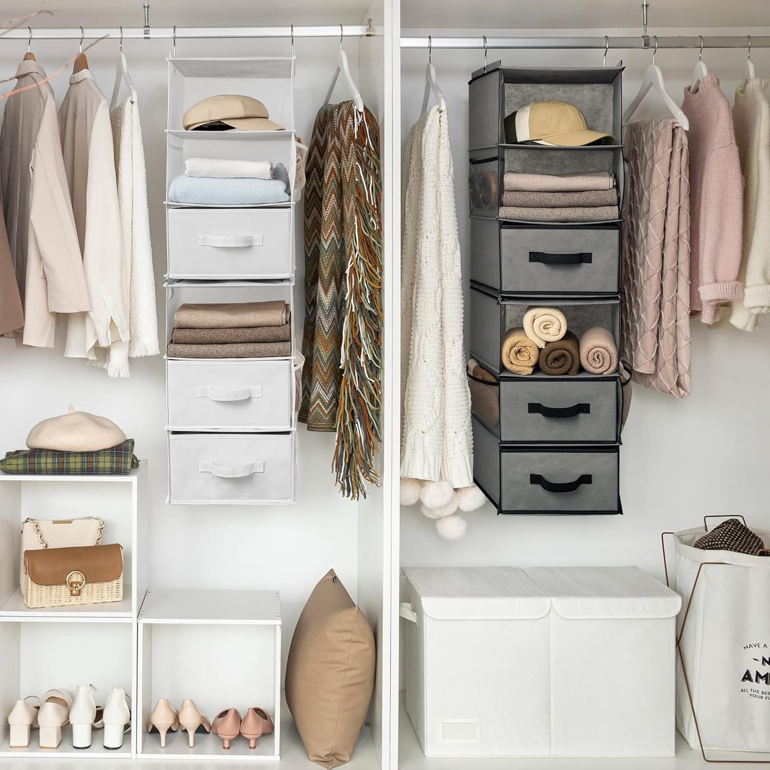 image:imageGRANNY SAYS Hanging Closet Organizer 6 Shelves Closet Organizers and Storage with 5 Drawers 6 Side Pockets Closet Hanging Organizer Hanging Storage Organizer for Closet Baby Clothes Gray6 Tier3 Drawersgrey