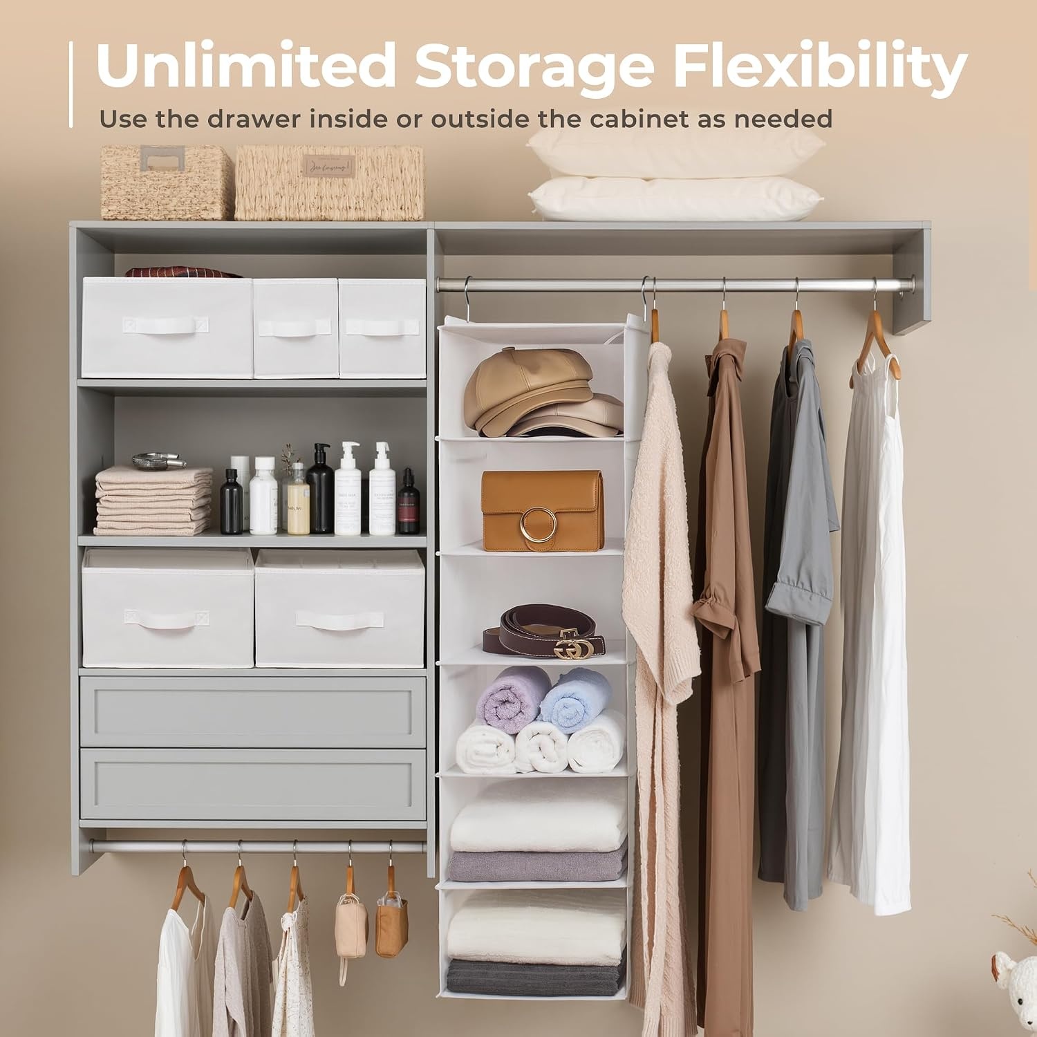 image:imageGRANNY SAYS Hanging Closet Organizer 6 Shelves Closet Organizers and Storage with 5 Drawers 6 Side Pockets Closet Hanging Organizer Hanging Storage Organizer for Closet Baby Clothes Gray6 Tier5 Drawerswhite