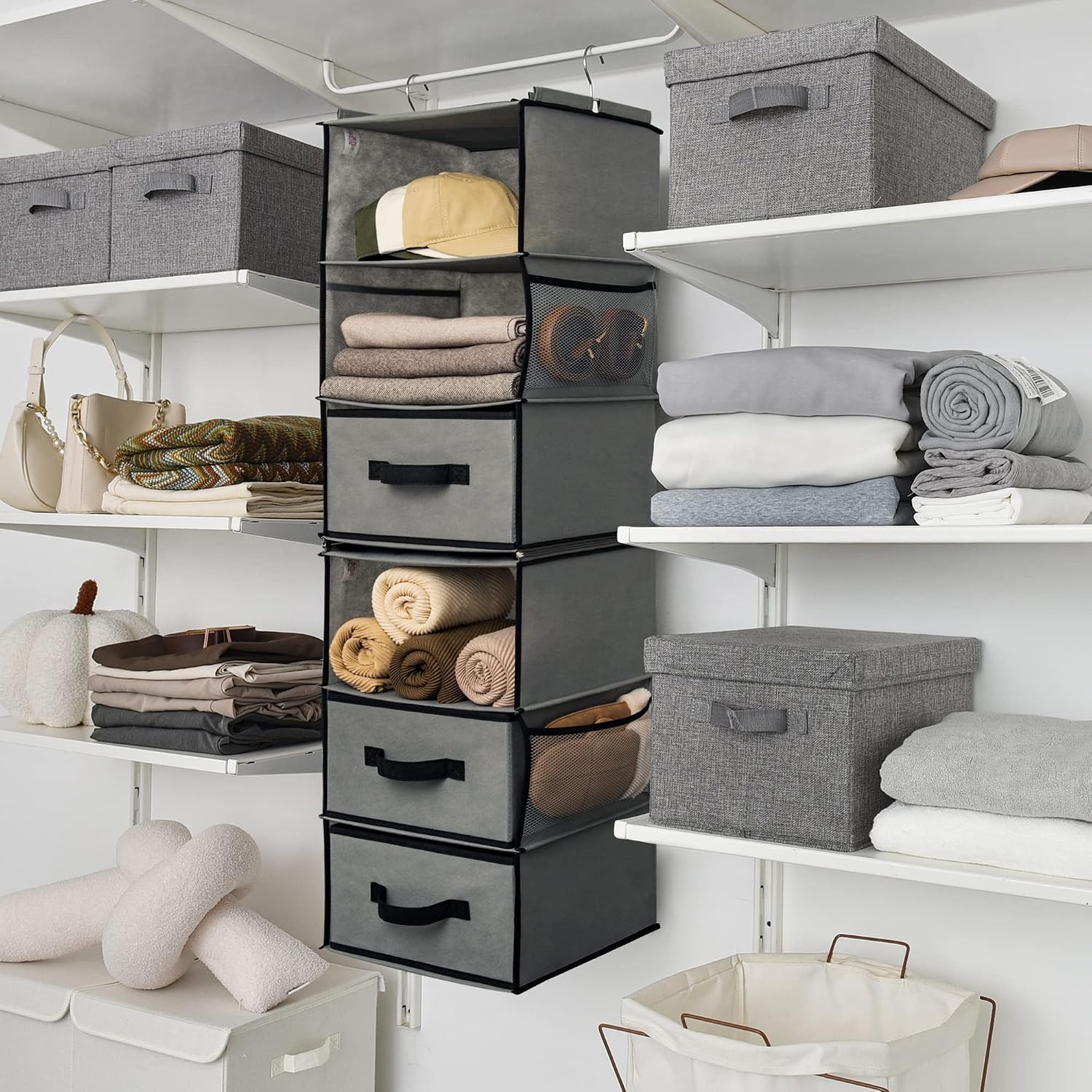 image:imageGRANNY SAYS Hanging Closet Organizer 6 Shelves Closet Organizers and Storage with 5 Drawers 6 Side Pockets Closet Hanging Organizer Hanging Storage Organizer for Closet Baby Clothes Gray6 Tier3 Drawersgrey