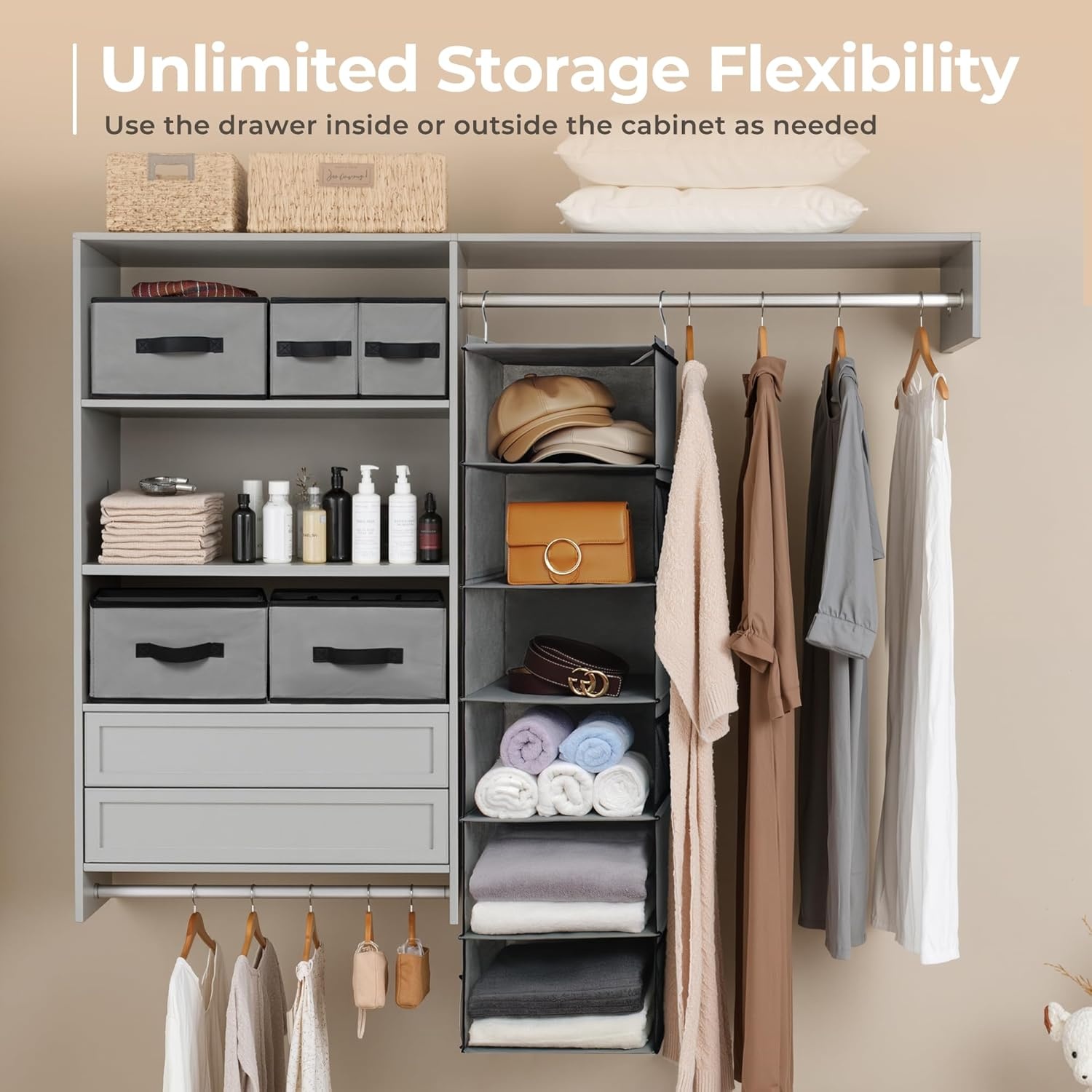 image:imageGRANNY SAYS Hanging Closet Organizer 6 Shelves Closet Organizers and Storage with 5 Drawers 6 Side Pockets Closet Hanging Organizer Hanging Storage Organizer for Closet Baby Clothes Gray6 Tier5 Drawersgrey